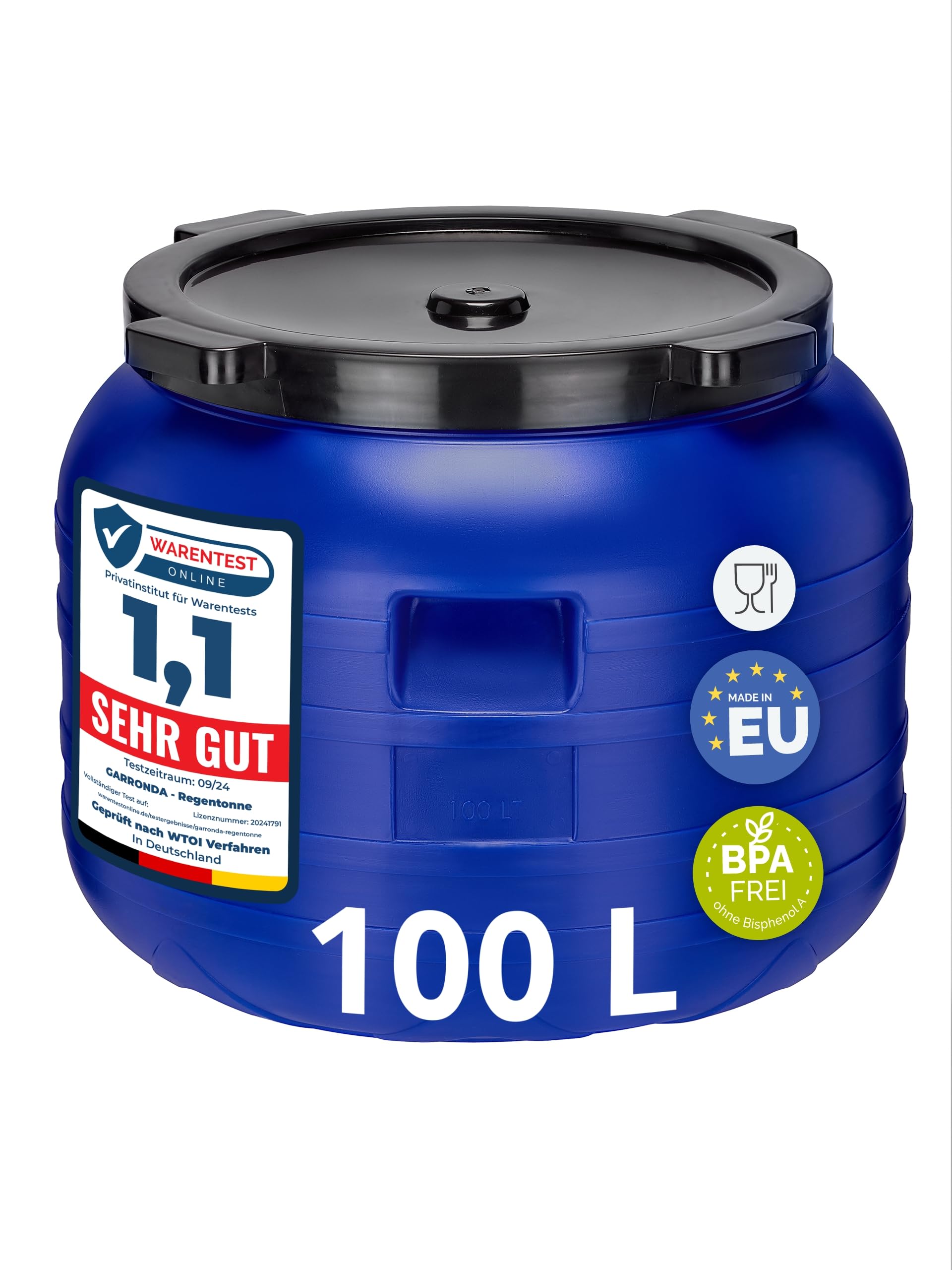 Garronda Récupérateur d'eau de Pluie Large 100 litres sans BPA avec Couvercle Jerrican pour Jardin et Stockage GD-​0093, Bleu
