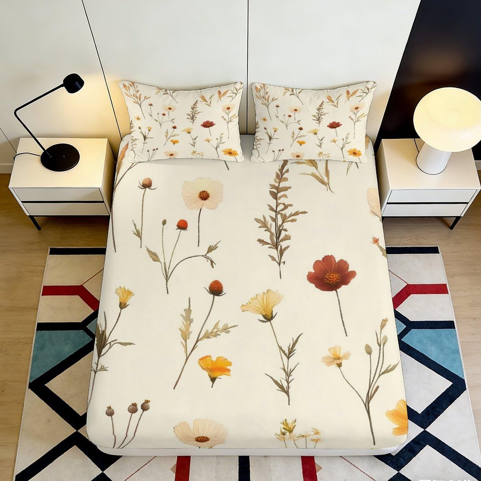 3D Printed Wildflower Fitted Sheet Microfiber Soft Floral Meadow Bed Sheet for Bedroom Guest Room Decor Protection 90x200x25cm