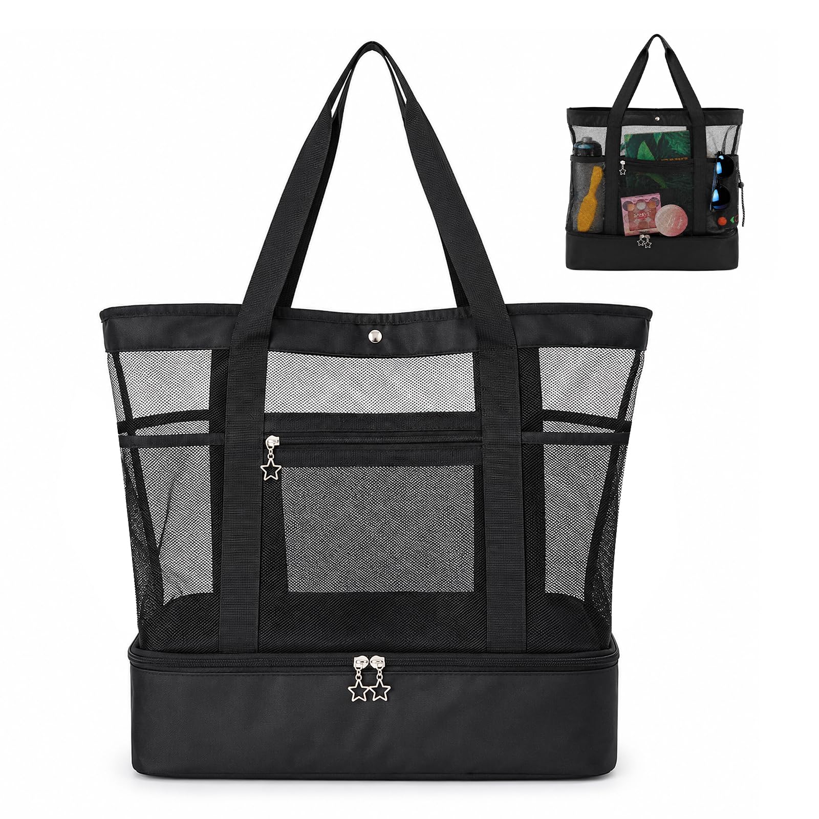 Admygo Large Mesh Beach Bag, Beach Tote Bag with Cooler & Multiple Pockets, Waterproof Sandproof Foldable Lightweight Pool Bag, Summer Holiday Travel Swim Gym Essentials Handbag for Women Men
