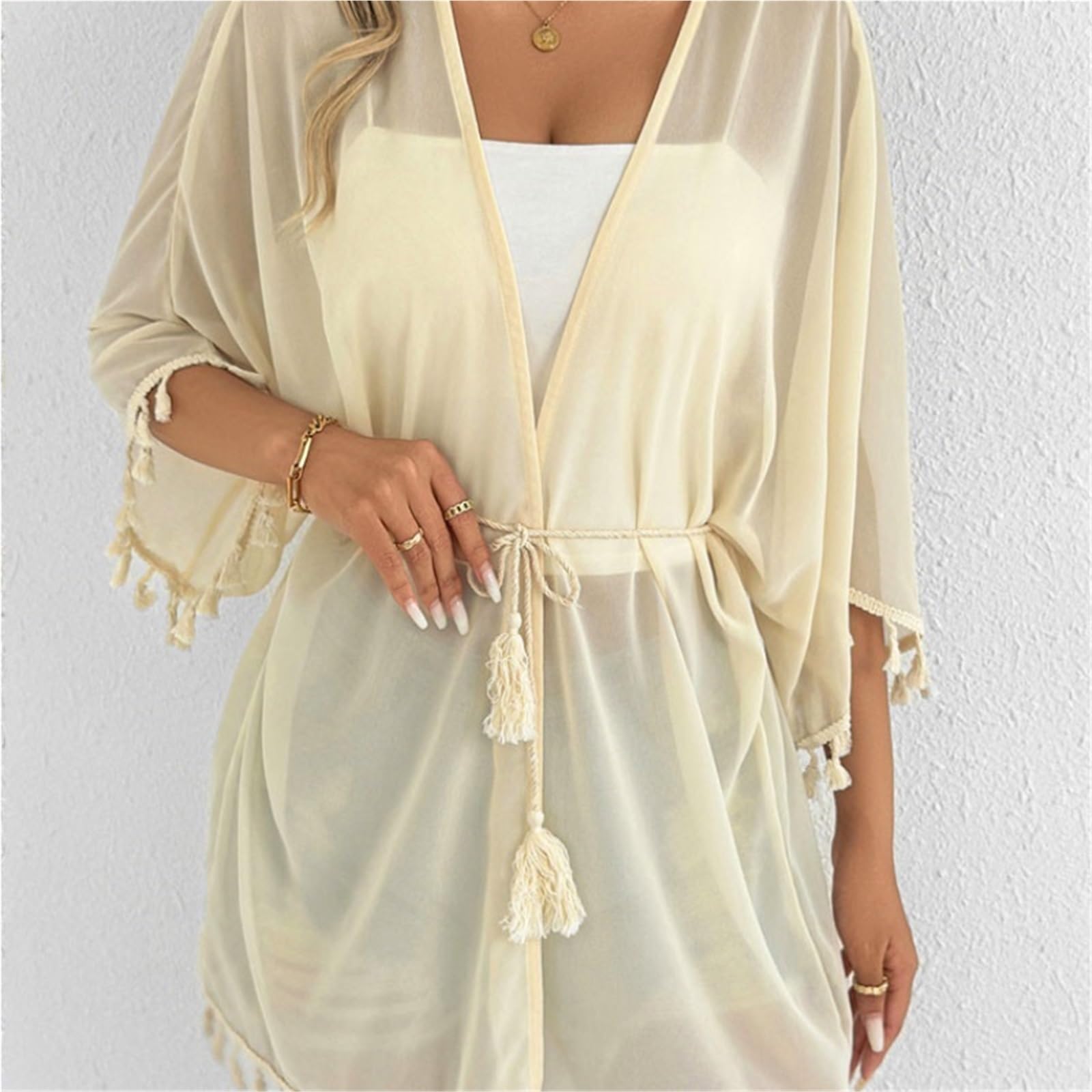 Copricostume da Bikini Copricostume da Spiaggia Donna, con Maniche Corte e Nappe, in Tinta Unita, Casual Femminile per Vacanza