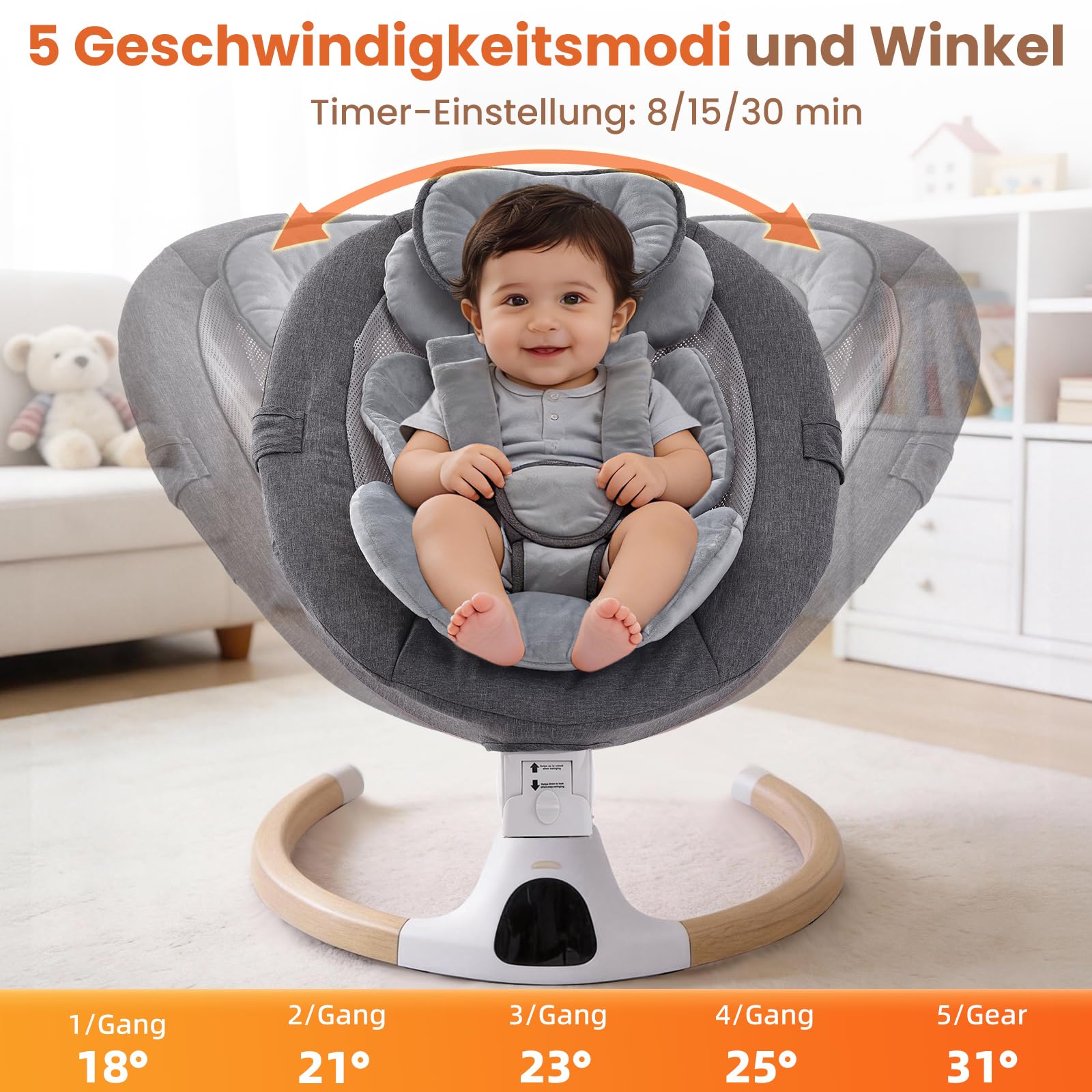 Babywippe Elektrisch, 0–6 Monate, max. 9 kg, Tragbares Neugeborenes Babyschaukel Indoor mit Bluetooth, 5 Schwenkgeschwindigkeiten, 3 Winkellage, Fernbedienung & Touch Panel Grau