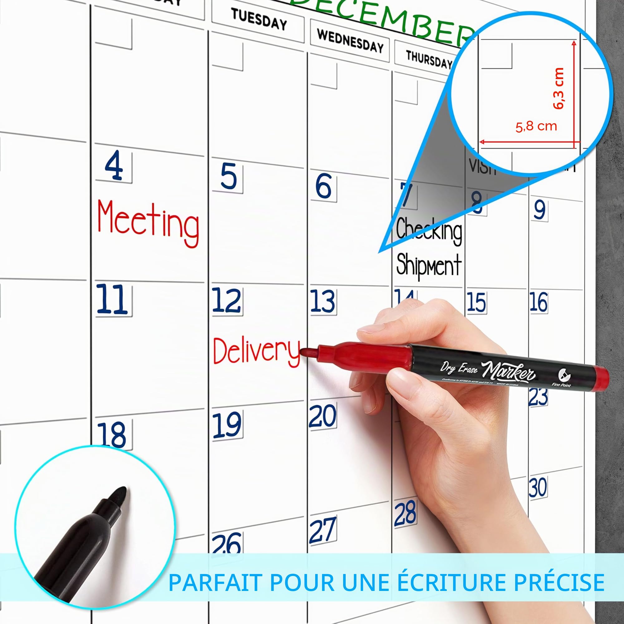 Scribbledo Calendrier annuel géant effaçable à sec 254 x 91,4 cm 12 mois Calendrier mural réutilisable Comprend 4 marqueurs 1 gomme et ruban de fixation