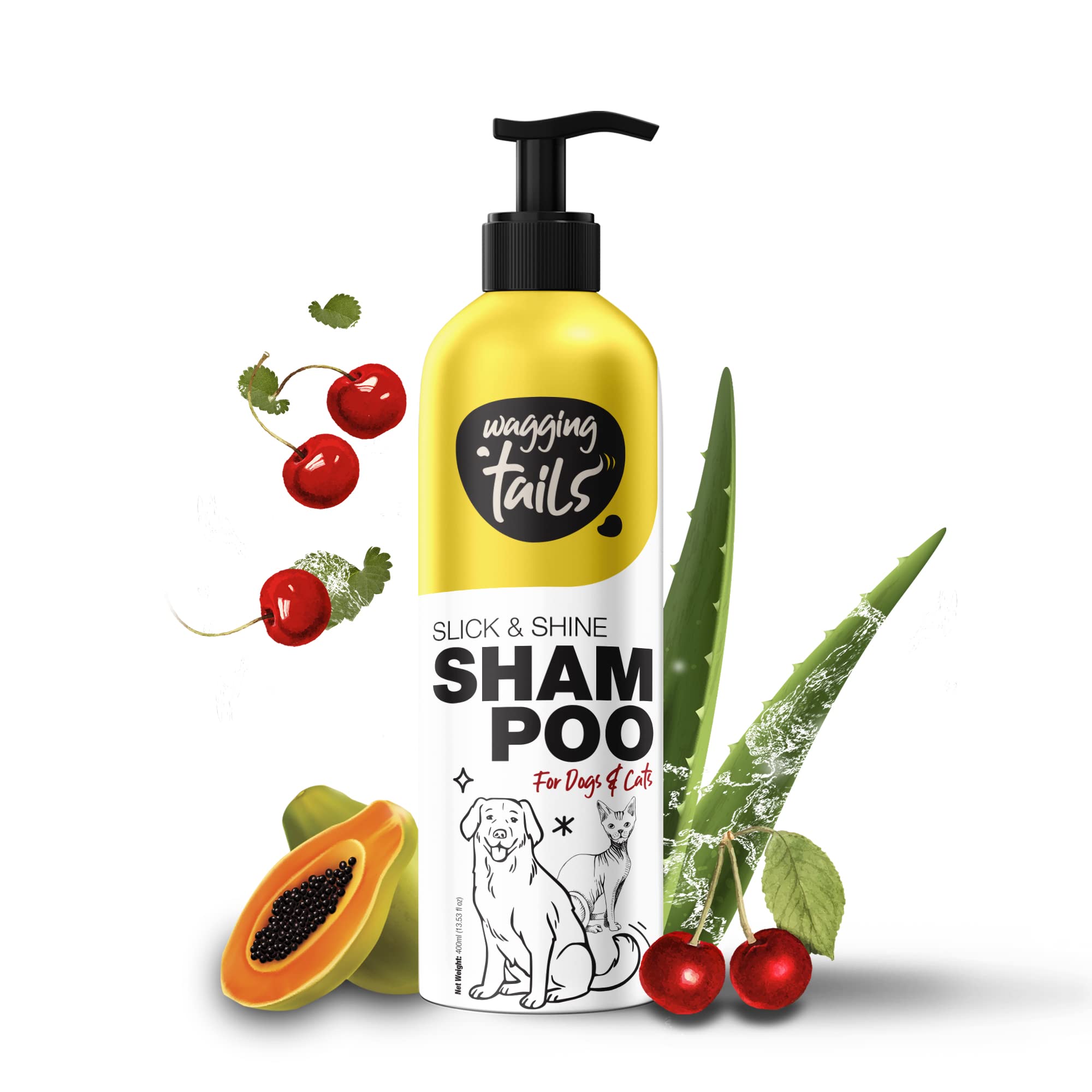 Wagging Tails Slick & Shine 5-In-1 Pet Shampoo-400 Milliliter Deodorize & Moisturise The Skin Remove Dirt Help To Repair Damaged Hair Anti-Itching & Anti-Dandruff Deep Cleanser All Breed Dog & Cat