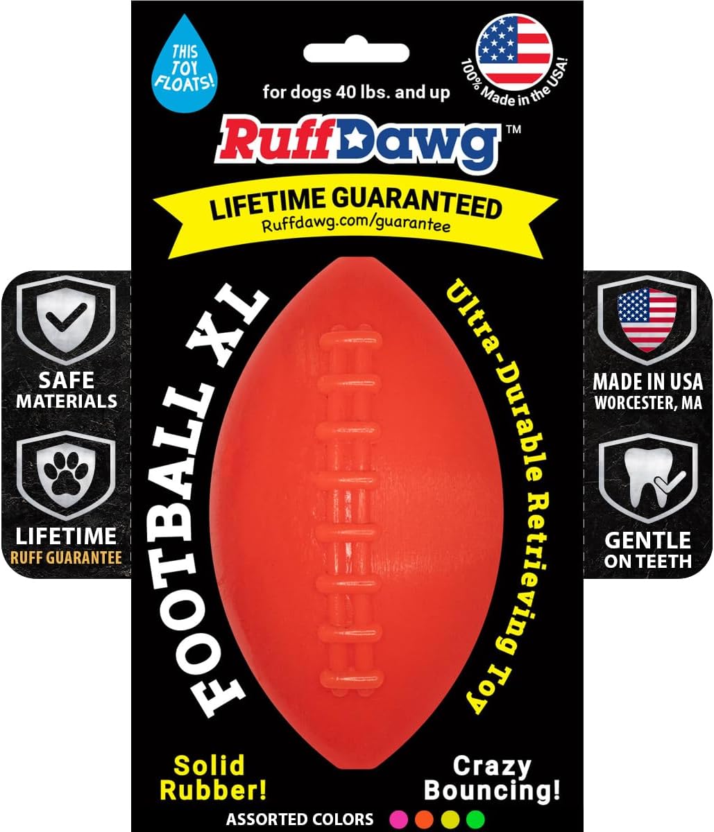Ruff Dawg Football XL Dog Toy – Bouncy, Floating Fetch Toy for Aggressive Chewers – Ideal for Outdoor Play, Exercise & Teething Relief – Neon Colors for High Visibility