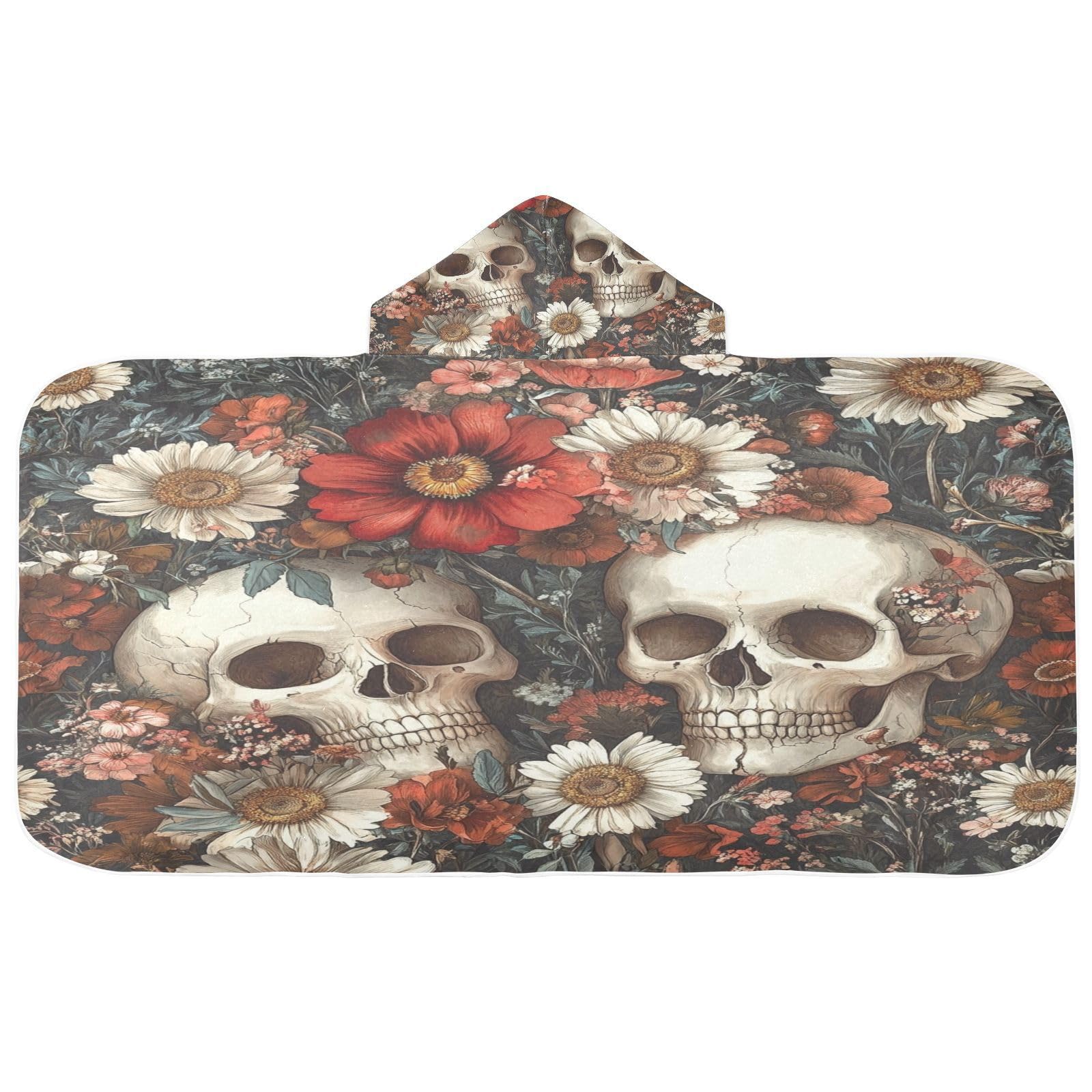 Kigai Skull Flower Hooded Beach Towel for Kids Soft Absorbent Quick Dry Bath Towel with Hood Lightweight Toddler Shower Pool Bath Wrap for Boys Girls