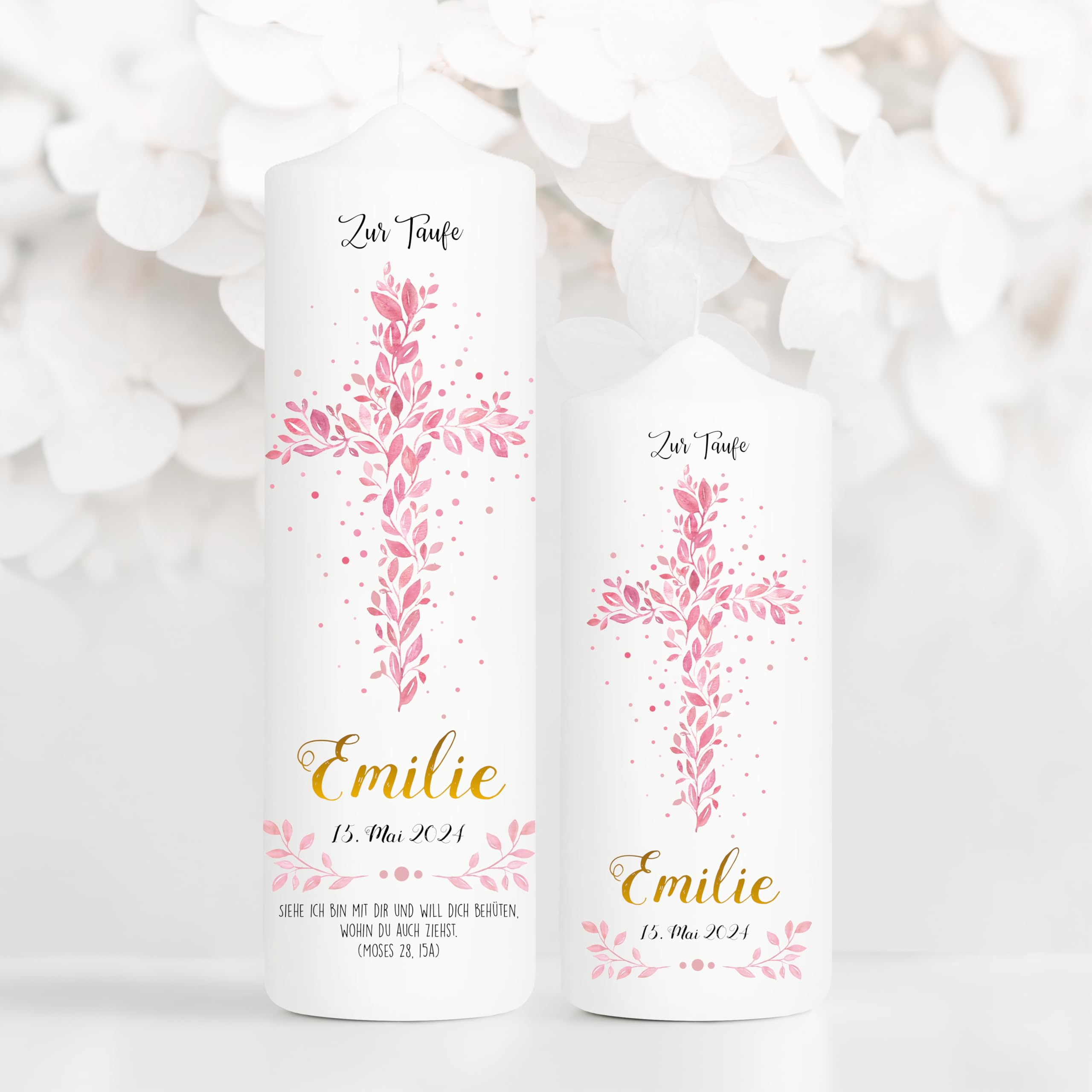 Wandtattoo Loft Taufkerze Mädchen mit Taufspruch + Patenkerze, Motiv Heiliges Kreuz aus rosa Blättern, 25cm x 7cm, personalisierte Kerze, bedruckte rosa Kerze Taufe, Stumpenkerze, Taufgeschenk