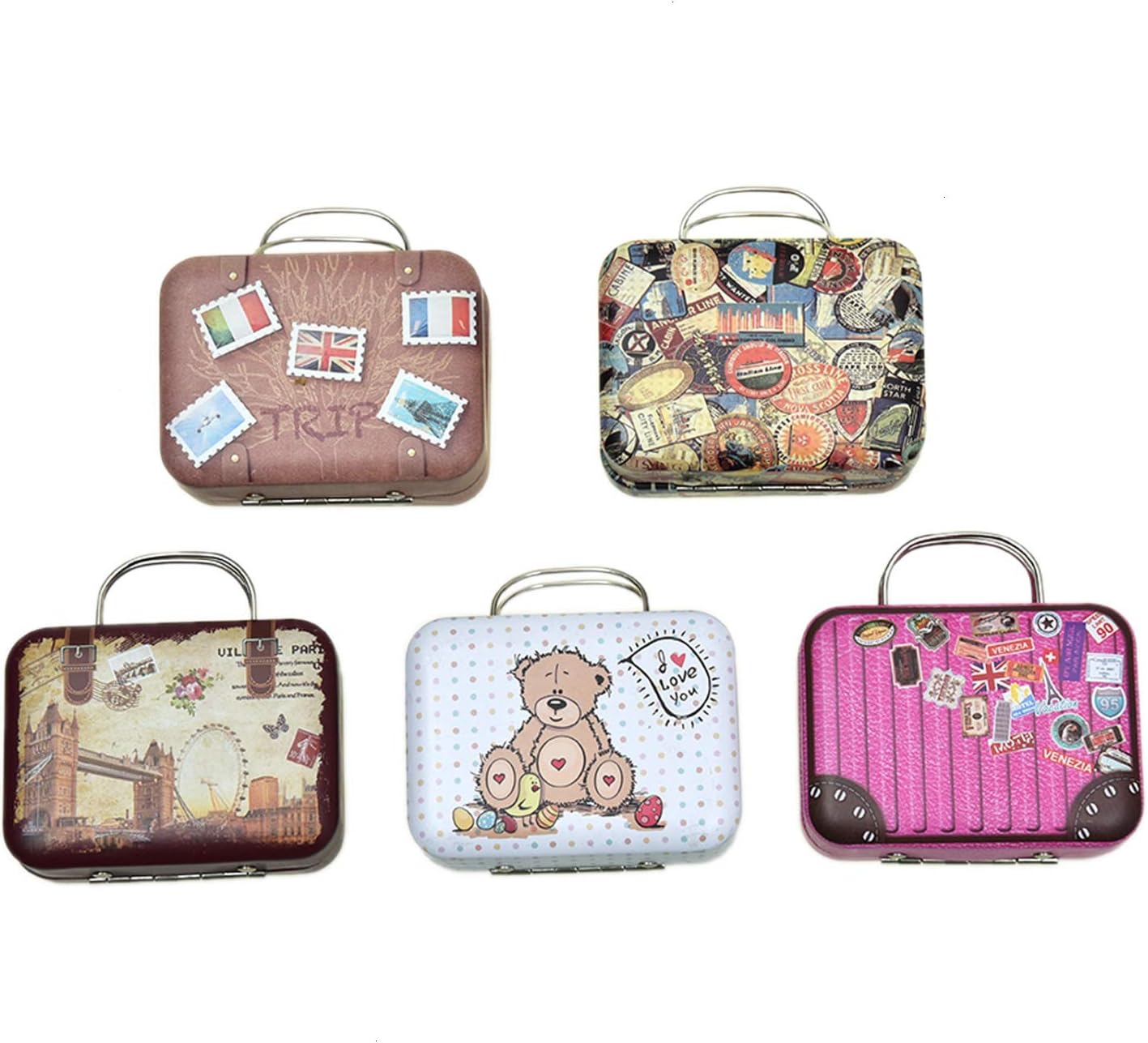 Monrocco 5PCS Mini Small Iron Vintage Cartoon Tin Box Suitcase Handbag Small Rectangular Candy Box Tin Container Jewelry Coin Storage