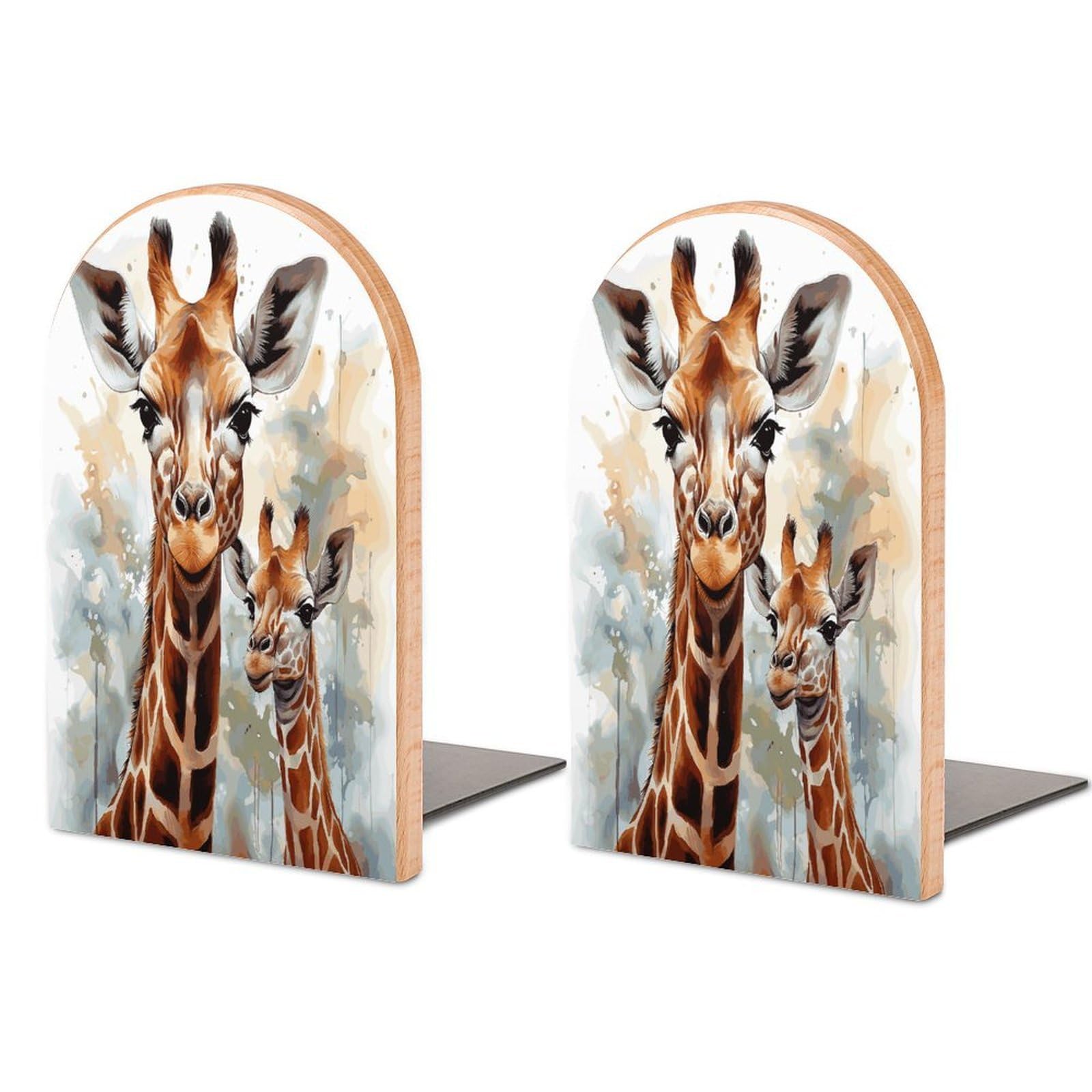 Watercolor Deer Giraffe Bookends 1 Pair Heavy Duty Book Ends for Shelves Non-Skid Bookend Supports Wooden Book Holders with Metal Base Desk Organizers Books Storage to Hold Books