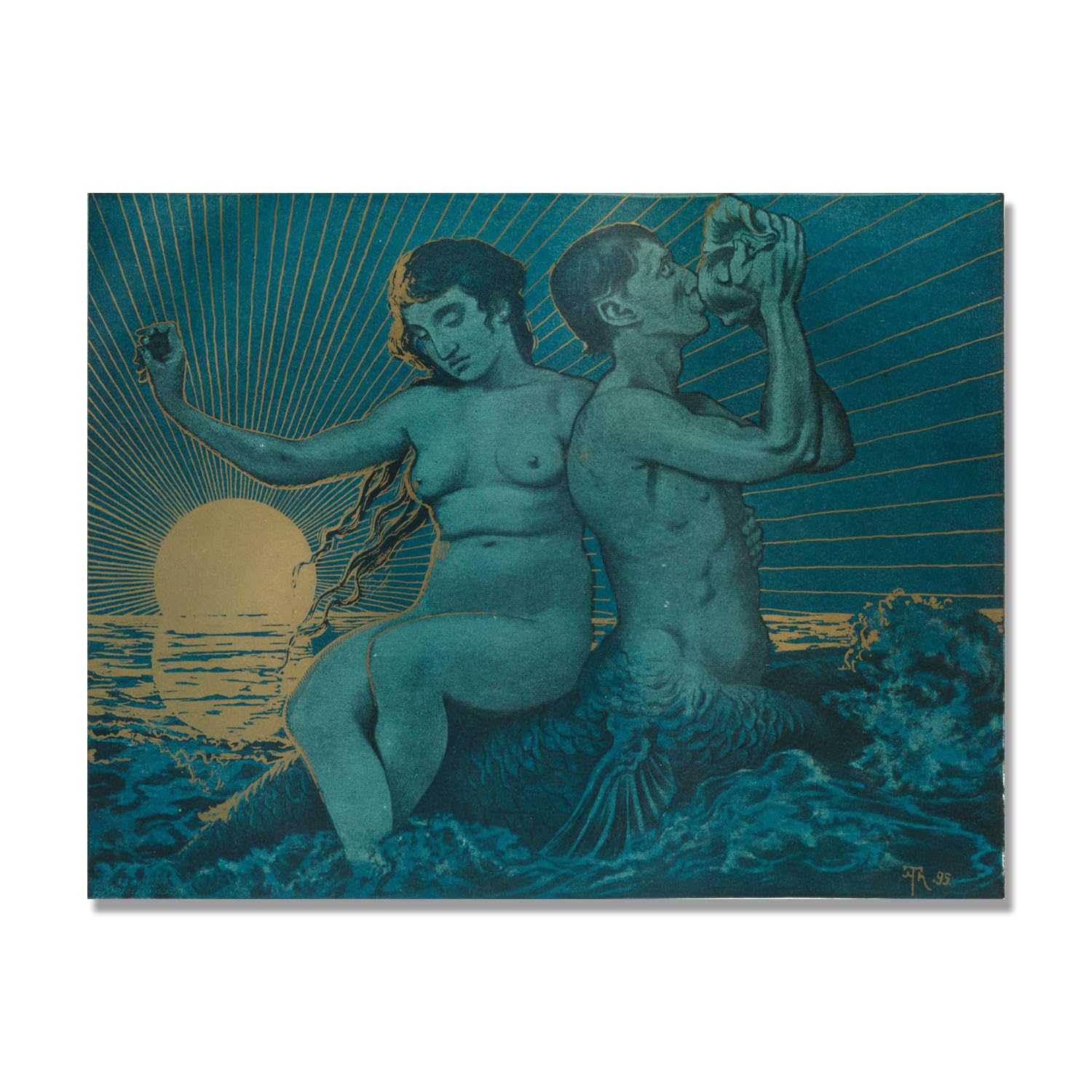 NHLDZYH Hans Thoma Style Canvas Wall Art - (Triton and Nereid), German Romantic Realism Painting with Symbolic Nature, Rustic Country Home Decor. 80x105cm-31.5x41.3in. Only Canvas