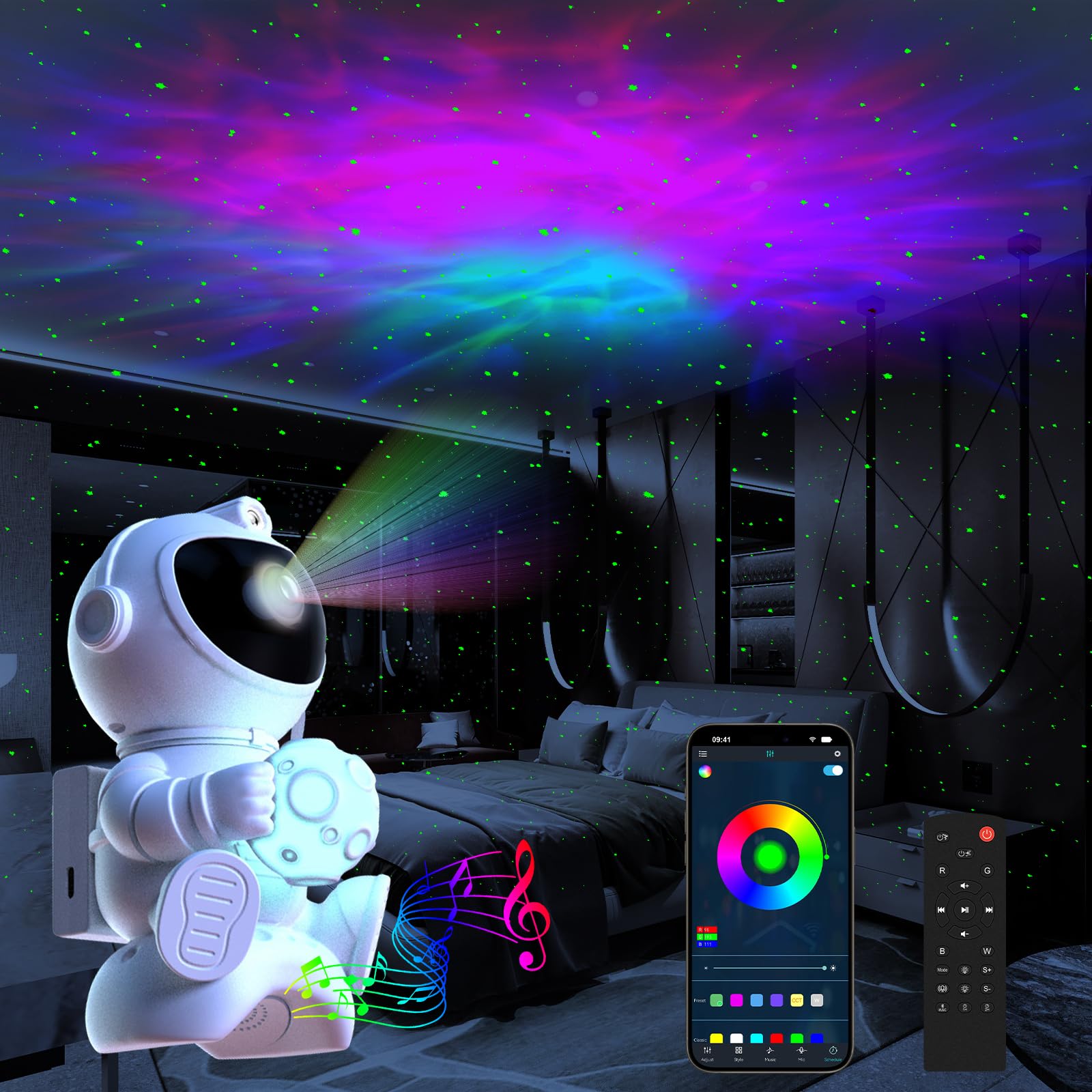 Proyector Estrellas con Altavoz Proyector Galaxia Astronauta con Nebulosa 8 Modos Lampadario a Nebbia Astronauta LED para Niños y Adulto (Luna)