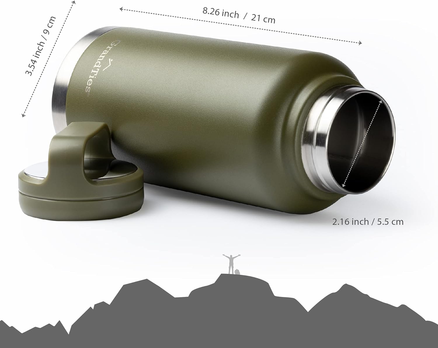 GRANDTIES 2 Lids Sports Stainless Steel Water Bottles – Wide Mouth Vacuum Insulated Reusable Leak Proof BPA-Free Travel Metal Canteen, Thermal Bottles for Men Women Gym (Olive Green 32 oz) - Image 4