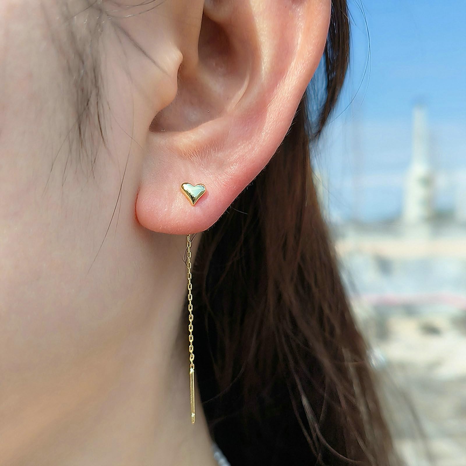 Durchzieher Ohrringe Gold 750 585 375 Damen, Ohrhänger Durchzieher Herz mit Lange Kette Hochzeit Ohrringe Allergiefrei für Frauen