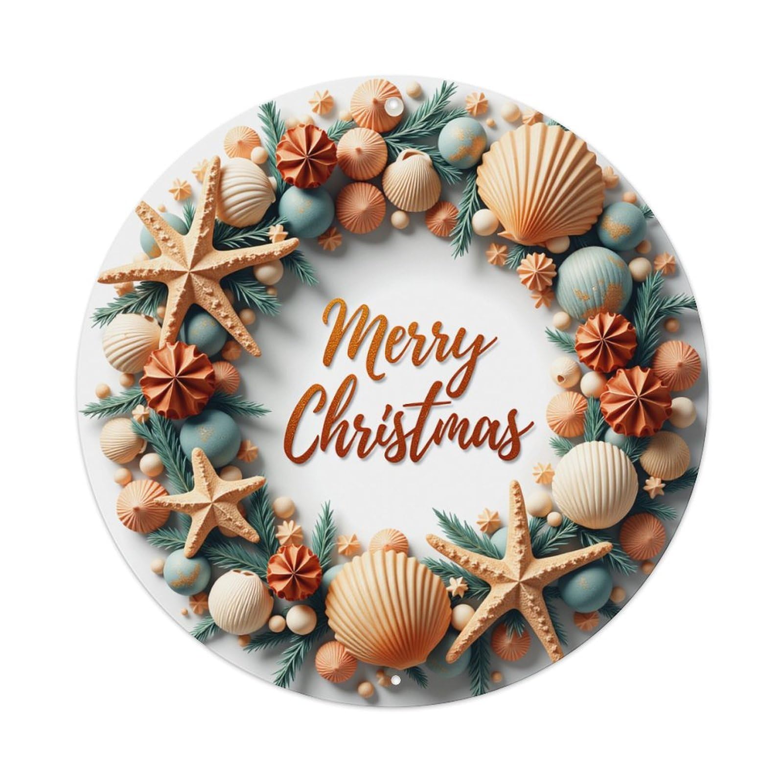 Seashell Starfish Pinecone Christmas Wreath Round Tin Sign Retro Metal Sign for Cafe Bar Pub Home Game Room Gym Club Wall Decoration Vintage Metal Poster 8x8 Inch