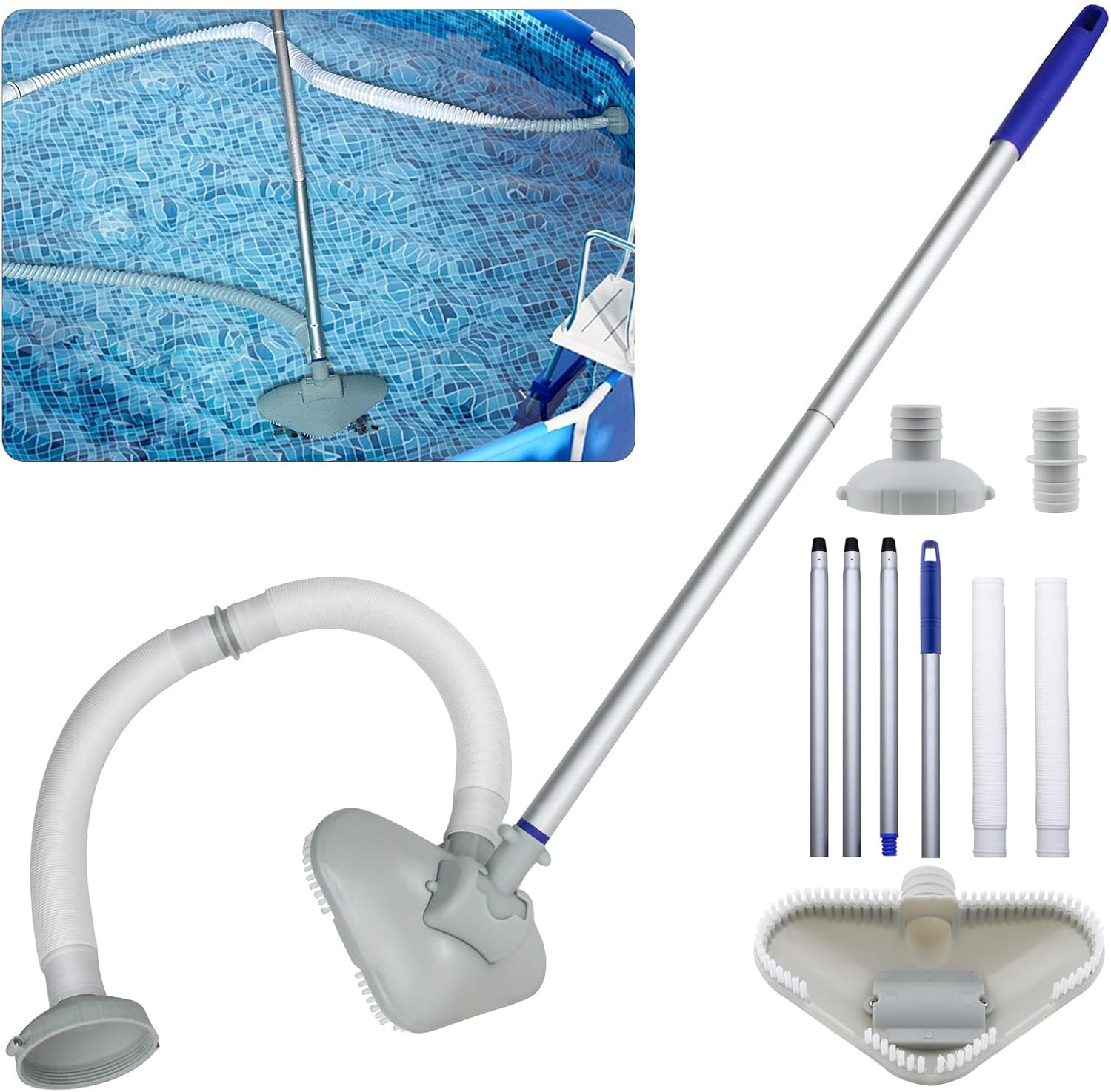 Aspirateur De Piscine Manuel Avec Manche Télescopique 144 Cm - Pour Piscine Hors Sol, Creusée, Gonflable - Tête Et Tuyau Inclus