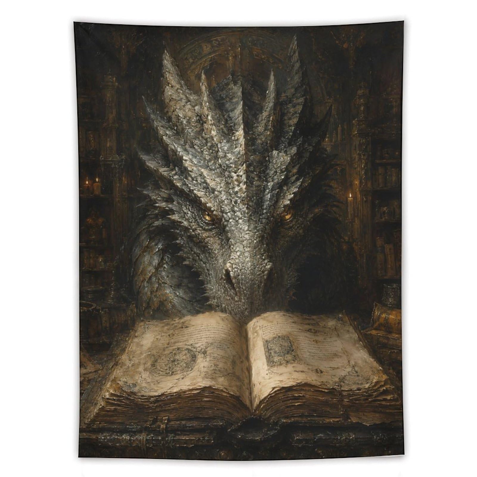 W7C8U2X3 Dark Dragon Magic Book Wall Tapestry, Surrealist Style, Apartment