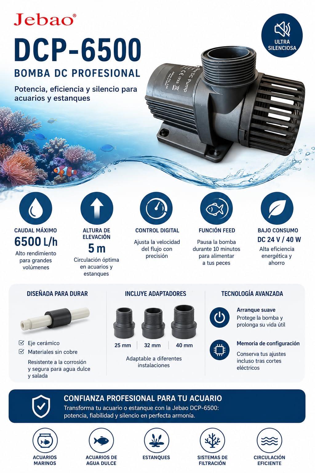 Bomba de circulación Jebao DCP-6500 – 6500 L/h, 24 V 40 W, controlador digital, función Feed, silenciosa para acuario y estanque agua dulce/salada