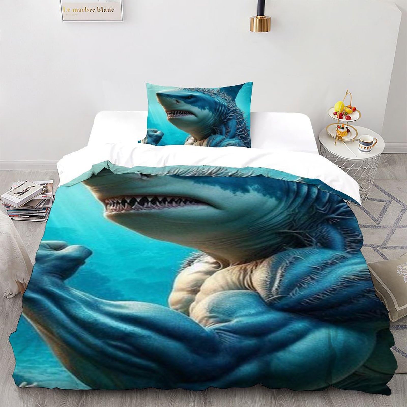 Lit enfant requin et organismes aquatiques avec housse de couette 135x200cm
