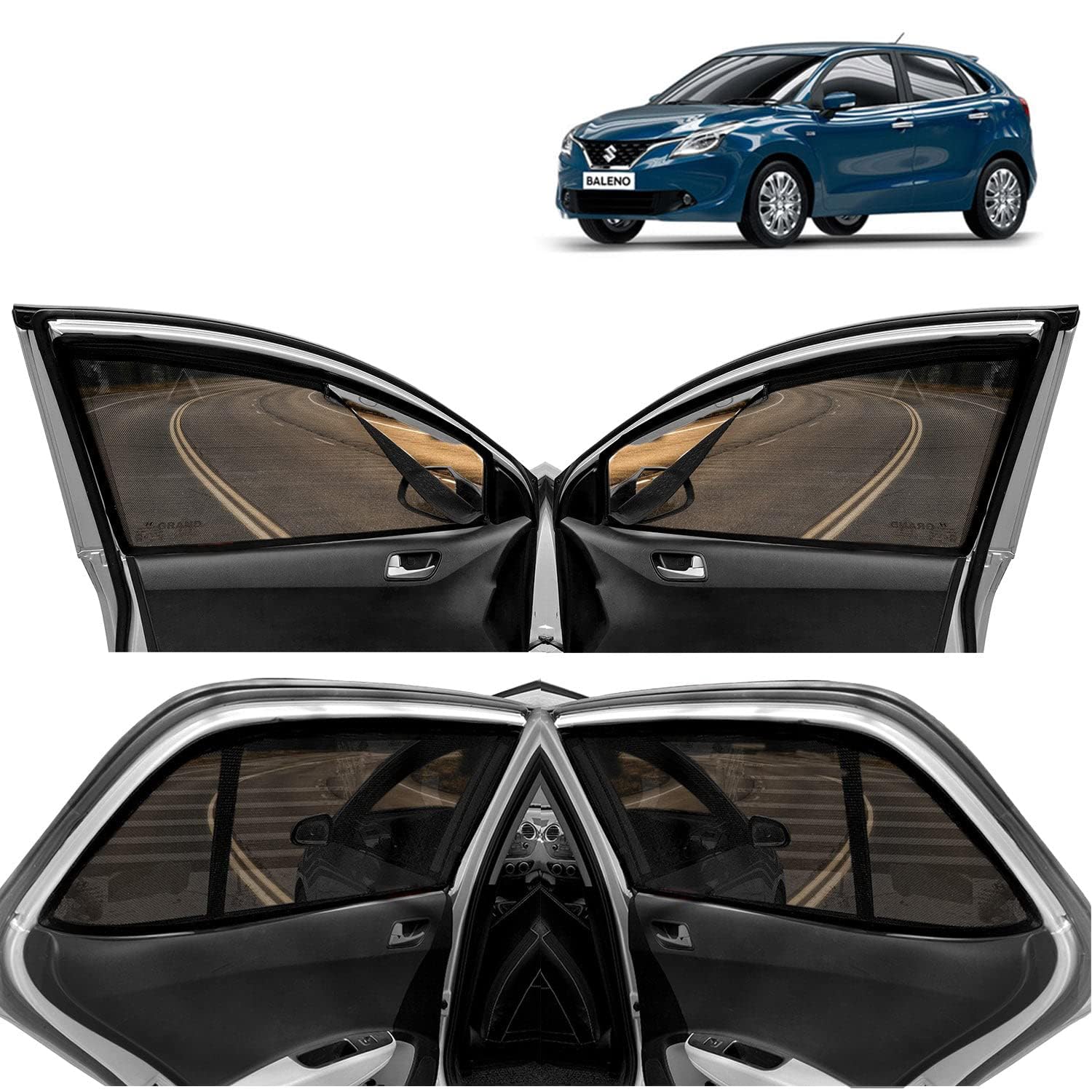 Aakirti Automotive Baleno (2015-2018) Car Side Window Curtain Sun Shades Magnetic for Maruti Suzuki, Zips in Front Window with Rear Windshield, Cotton Mesh, Complete Set of 5 Piece.