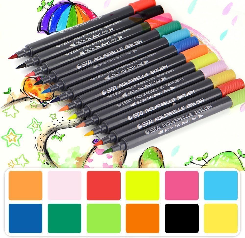 Yosoo 12/24/36/48 STA Art Markers Double Tip Brush Pens, Markers Touch Brush Sketch Pen Graphic Water Based Render for Adult Coloring Books for Artists Painting, Coloring, Sketching (12 Colors)