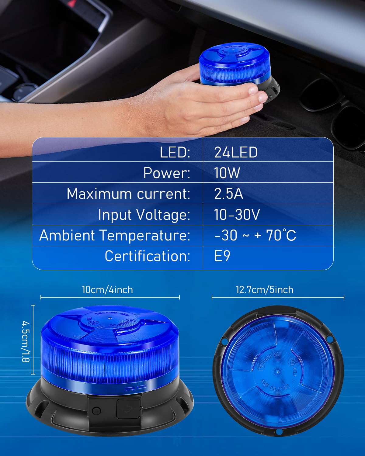 Dinfu rotativo led bateria azul con mando a distancia LED intermitente base magnética 9 modos de luz intermitente con el coche cable de carga y cable USB para el coche de policía camión UTV