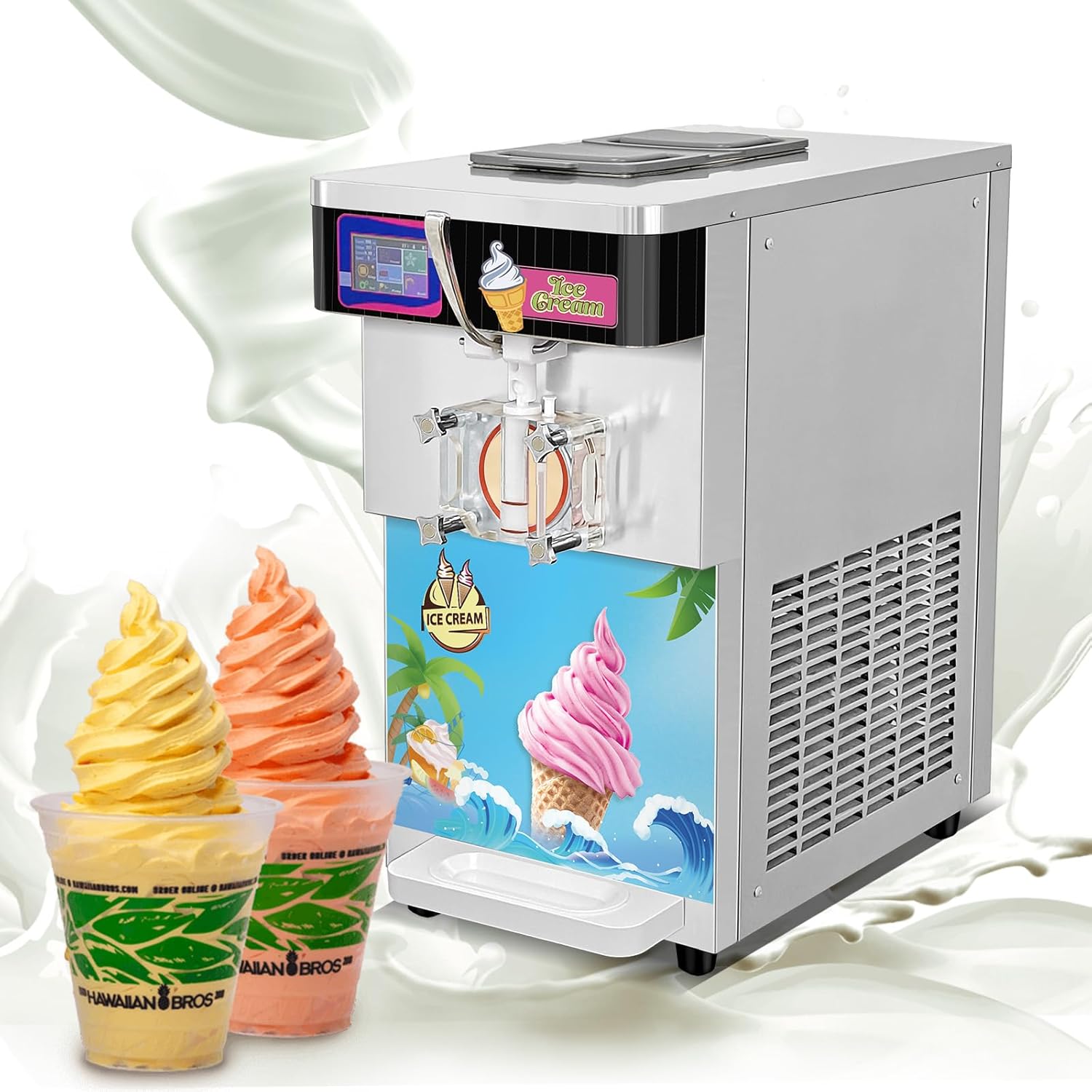 Commercial Countertop Ice Cream Maker Machine,1 Flavors Soft Serve Ice Cream Maker with Pre-cooling Hopper,TouchScreen,High Puffing,Dispenser Continuously,Shortage alarm,Mixture Agitator,Auto Clean