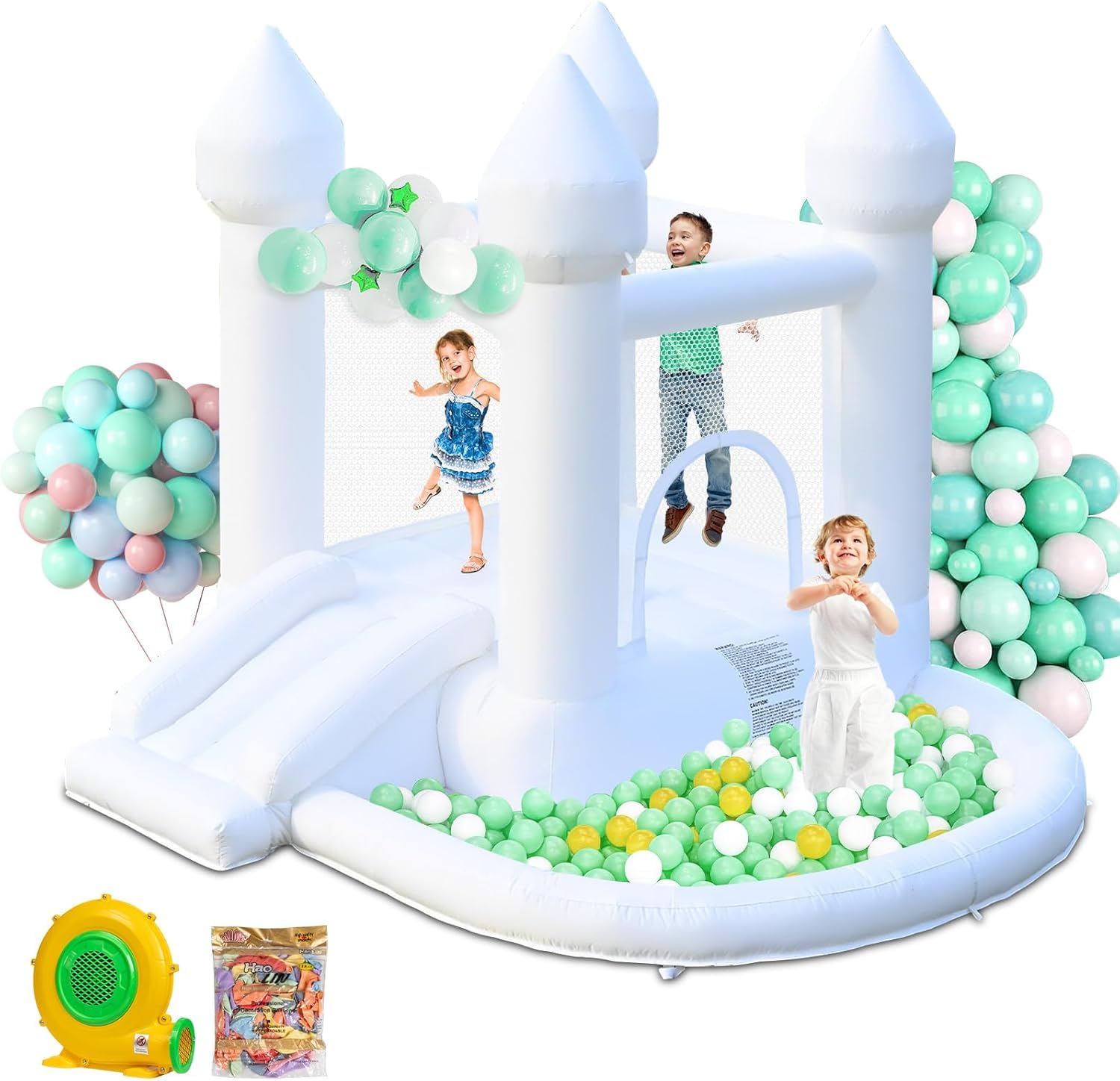 AONESY Infltable Bounce House Castle with Slide, White Jumper Bouncy Castle with Ball Pit Wedding Castle for Party Backyard for Kids, with 370W Air Blower