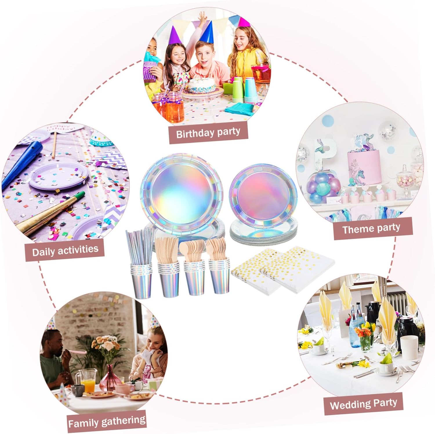 Mobestech 25sets Disco Party Supplies Kit Iridescent Paper Plates Napkins Cups for Birthday Wedding Decorations Girl Party