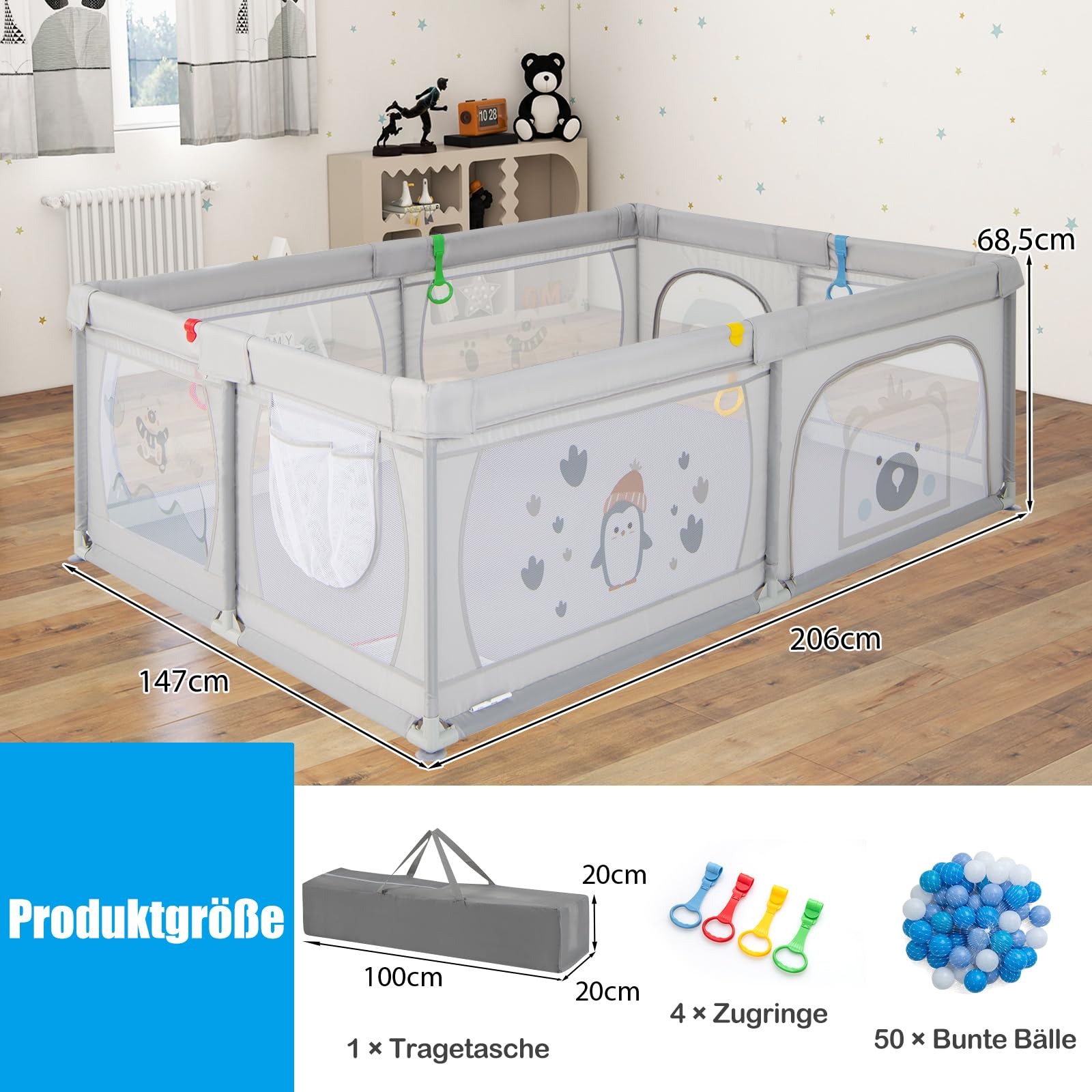COSTWAY 205 x 147cm Laufstall baby mit Matratze, Laufstall baby faltbar, Laufgitter mit 50 Bällen, 2 Türen, atmungsaktivem Netz & Reißverschluss, Laufgitterzelt für Säuglinge & Kleinkinder(Dunkelgrau