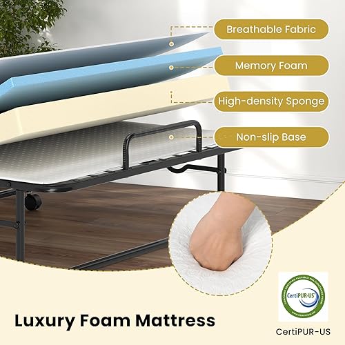 Miniatura 5 de Giantex Cama plegable individual con colchón, cama portátil enrollable con marco de metal resistente, cama plegable que ahorra espacio con colchón