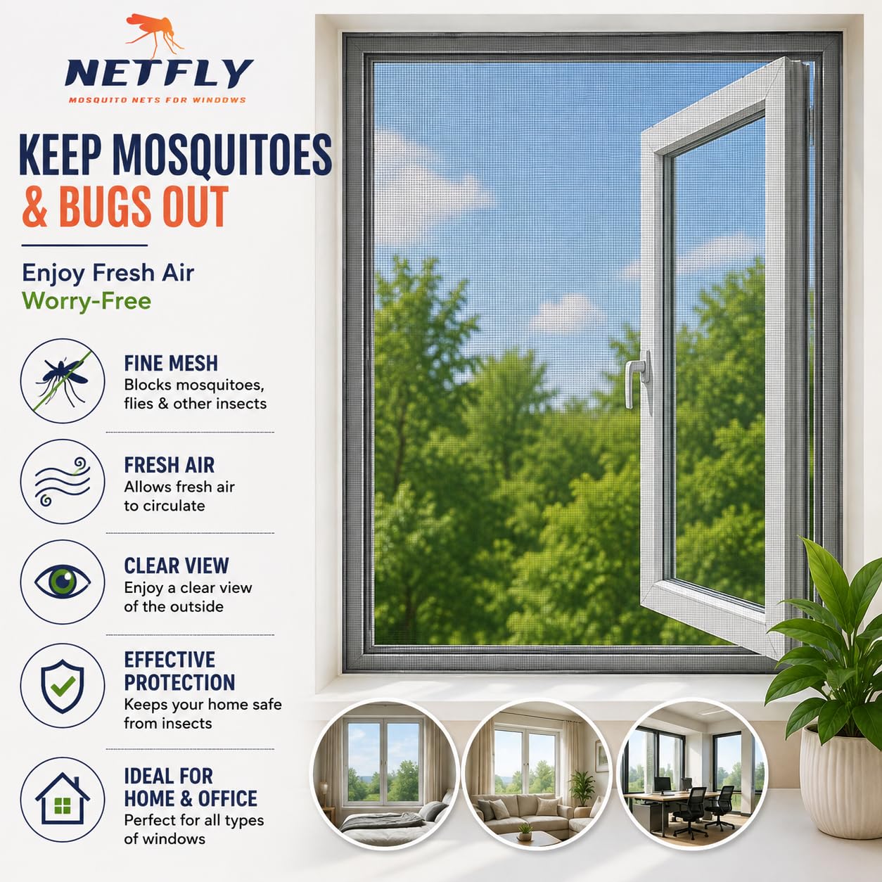 Netfly Mosquito Net for Windows 4×5 ft, Grey | DIY Self-Adhesive Insect Screen Mesh | Fine Mesh Fly & Bug Screen Curtain | Window Insect Protector | Fiberglass Mesh — Amazon image 2
