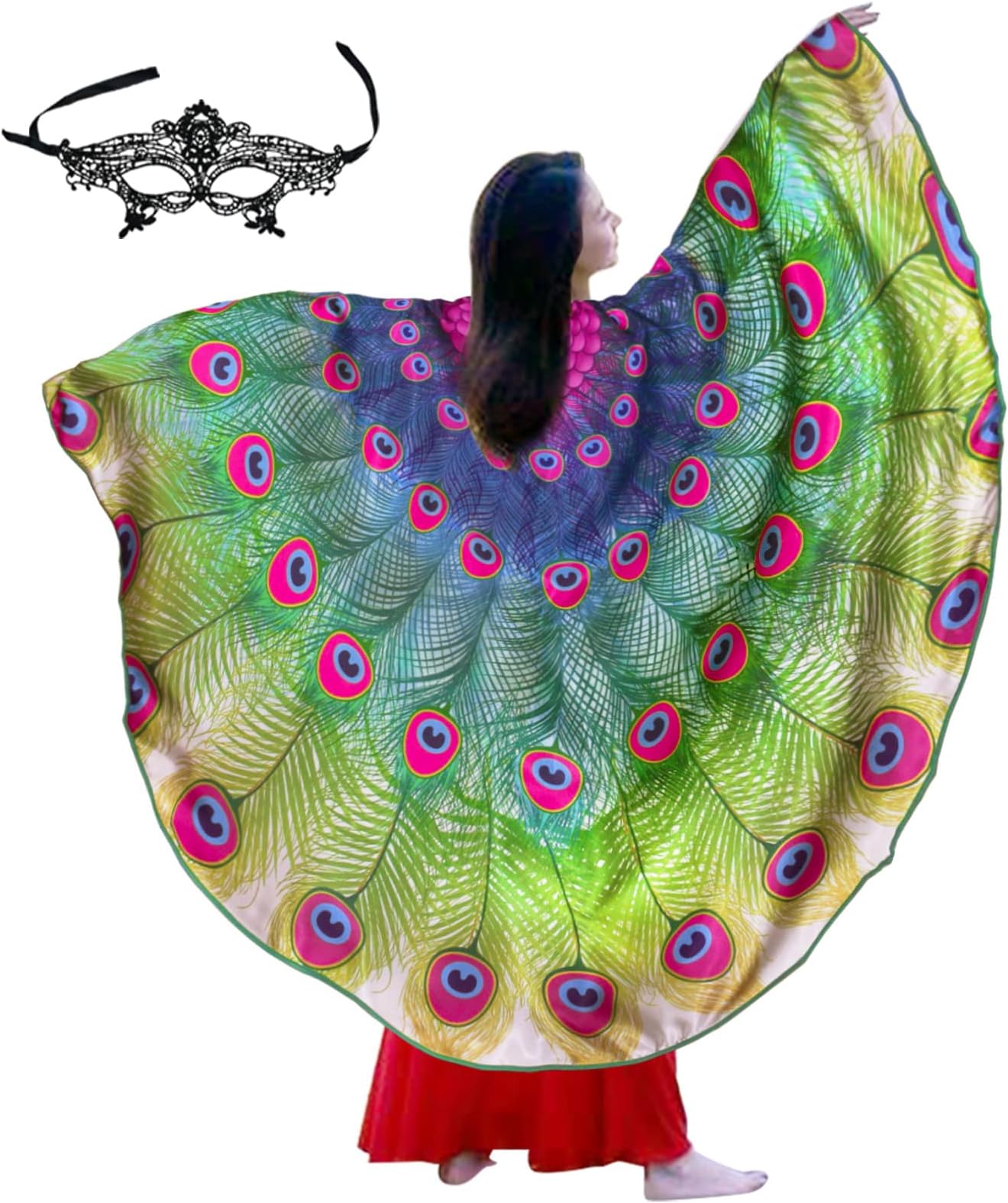 Flying ChildhoodPeacock Bird Costume for Girls Women Adult Feather Wings Cape Halloween Dress Up with Masquerade Lace Mask