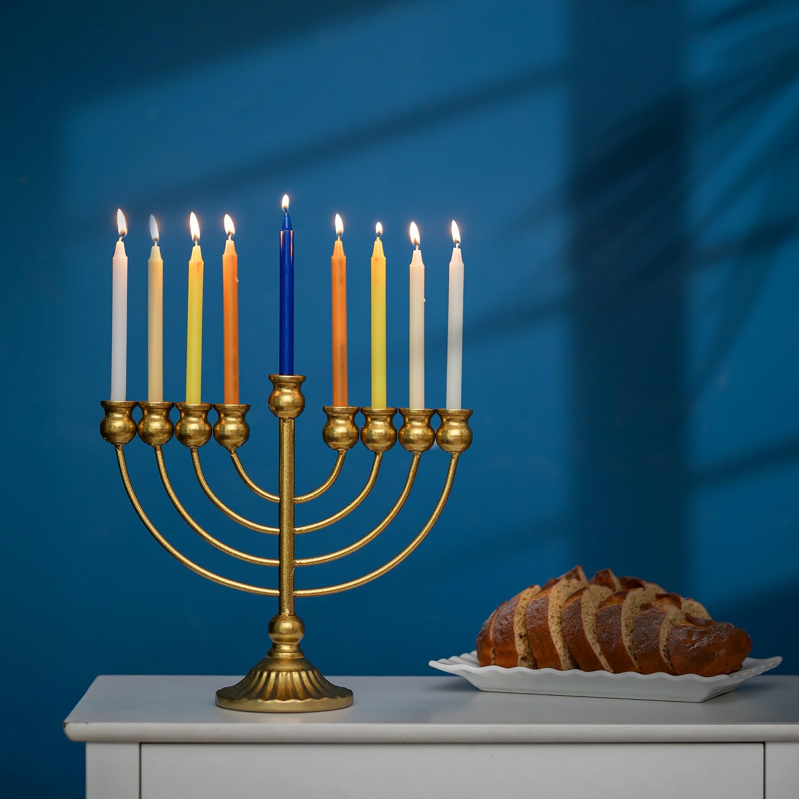 Sziqiqi Świecznik Menora Chanuka: 9 gałęzi menory 26 cm wysokości na świece Chanuka, złoty żydowski świecznik na świecznik na stół Hannukah