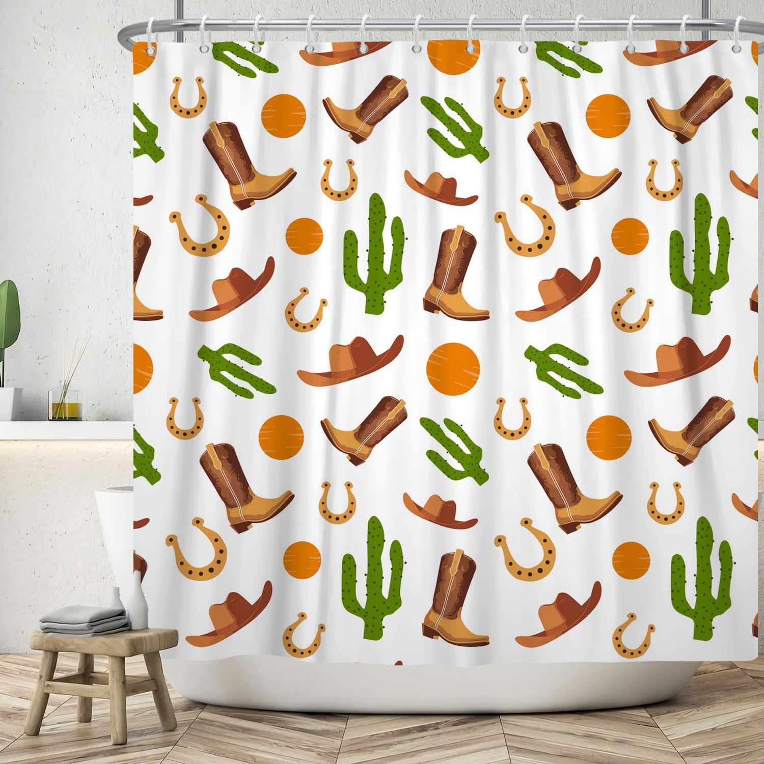 ASDCXZ Shower Curtain 180x220 cm, West Cowboy Leather Boots Hat Green Cactus Orange Sun White Bath Washable Shower Curtains Polyester Textile Waterproof Bath Curtain for Bathtub with 12 Hooks โ image 1
