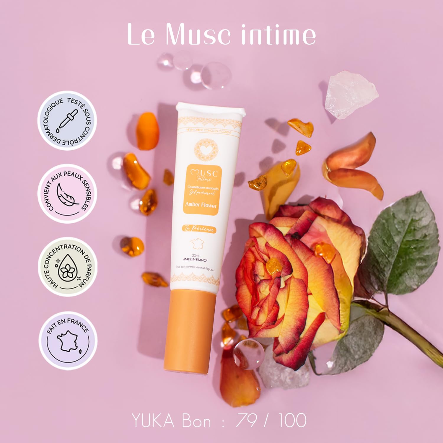 MUSC INTIME - Gel Parfumant - Amber Flower - La Précieuse - Soin Femme - Neutralise Les Odeurs Les Plus Intimes – Parfume Durablement la Peau - Tenue 48h - Flacon Pompe - 30ml