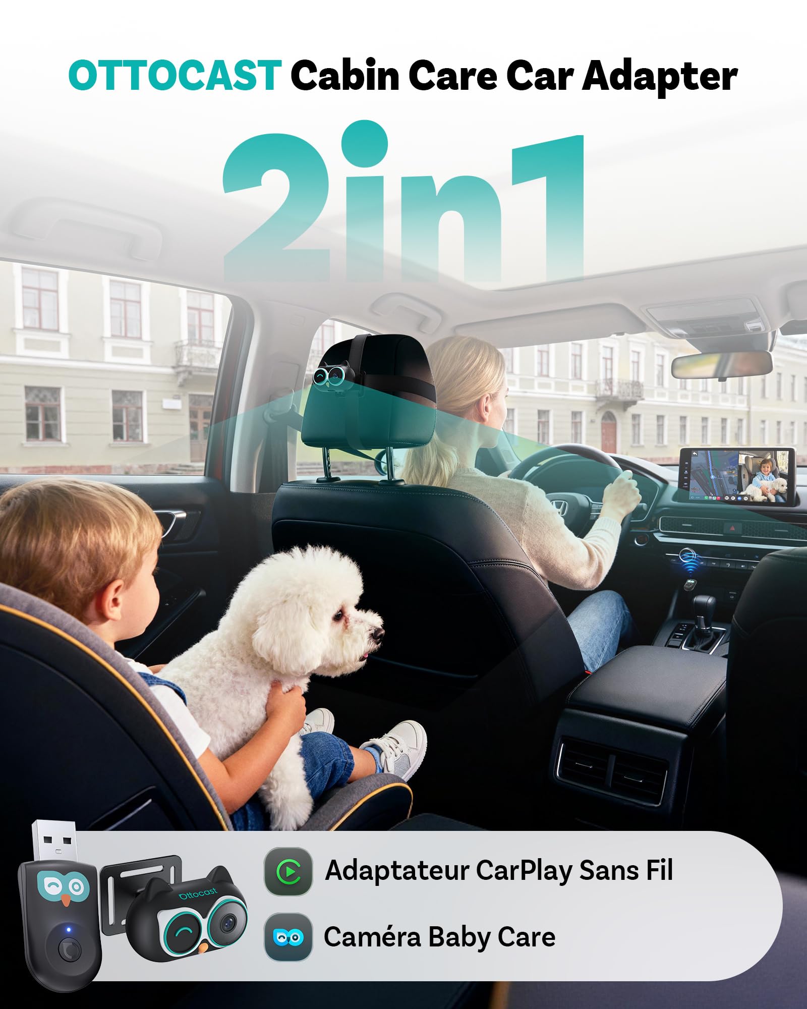 OTTOCAST Cabin Care 2026 Adaptateur CarPlay sans Fil 2-en-1 avec Caméra 1080P pour Bébé/Enfants/Animaux, 150° Grand Angle, Vision Nocturne IR, Compatible Voitures CarPlay Câblé 2016+