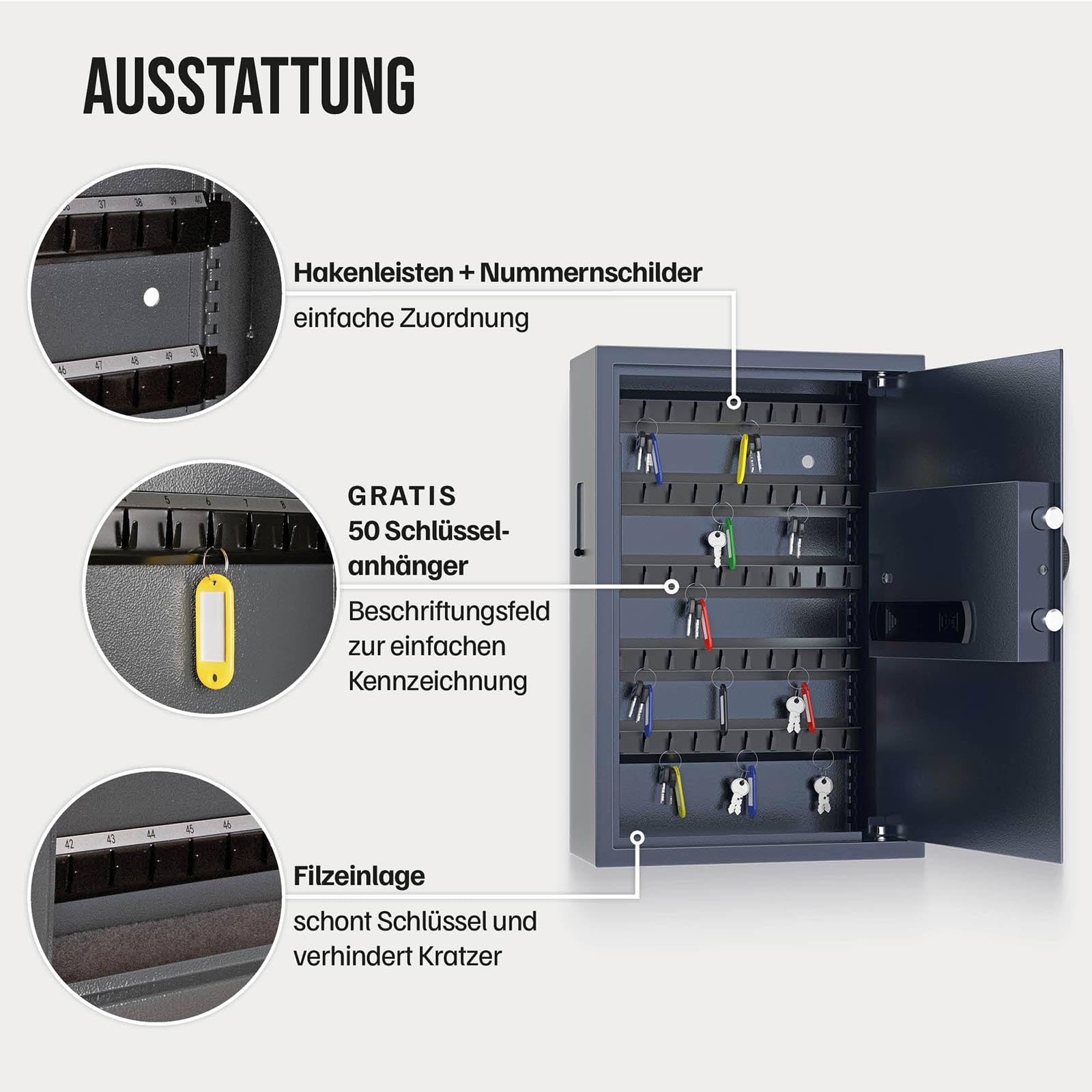 Profirst Schlüsseltresor LockGuard 50 Stahl Elektronikschloss LED Beleuchtung mechanische Notöffnung 5 verstellbare Hakenleisten 50 Haken Einwurfschlitz Innenbeleuchtung inkl. Befestigungsmaterial 50