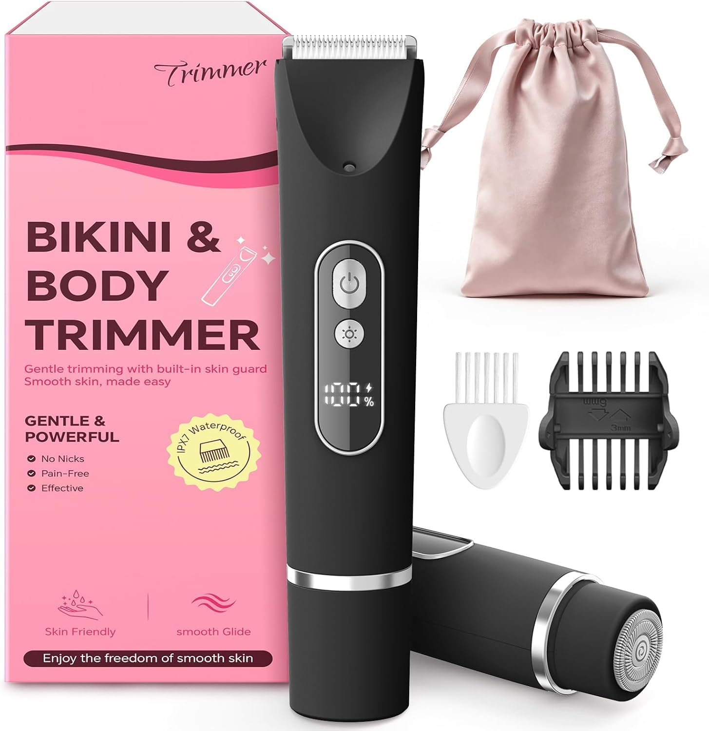 Bikini Trimmer for Women,Smooth Electric Razor for Sensitive Skin, IPX7 Waterproof Wet & Dry Cordless Body Shaver & Grooming Set for Bikini Area, Pubic Hair, Face, Underarms & Legs (All Black)