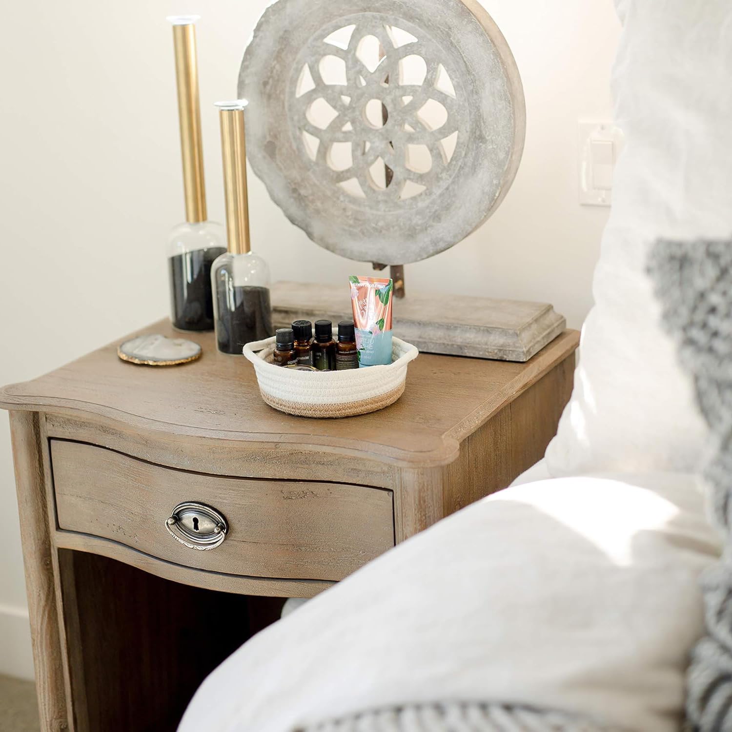 Lot de 5 Panier Rangement en Corde de Coton, Paniers et Boîtes de Rangement avec Anse, Corbeille décorative tressée pour placard, salle de bain ou chambre de bébé