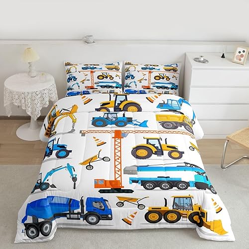 Miniatura 2 de Juego de edredón de excavadora, juego de ropa de cama de tractor para adolescentes, niños, construcción, camiones, edredón de plumón, amarillo,