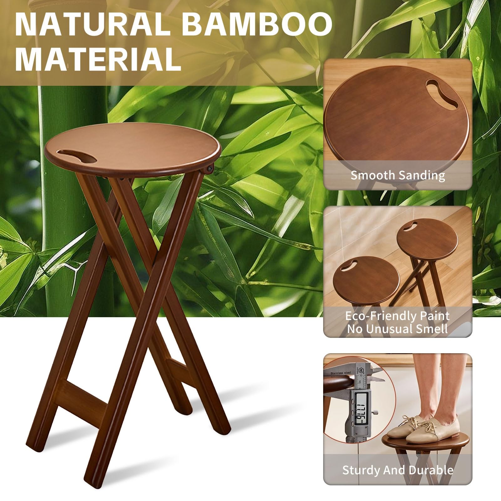 Tabouret De Bar Pliable Lot De 1/2/3/4 Chaise De Bar Pliante Haute Bambou Tabouret Haut Pliant Avec Siège De 32cm Tabouret De Cuisine Hauteur D'assise 60cm Pas D'installation Nécessaire Pour Comptoir(