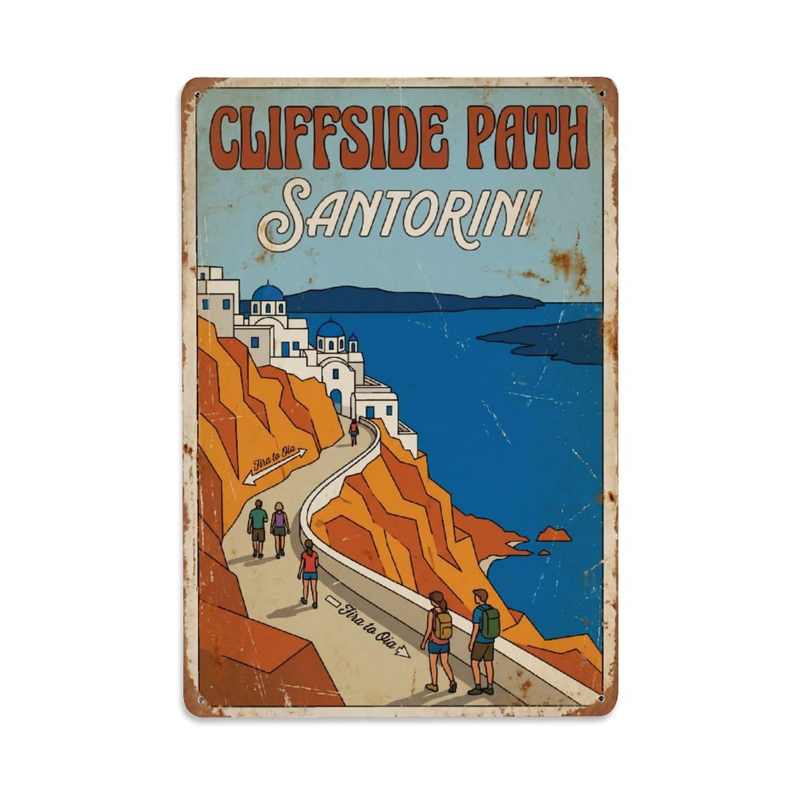 Este 8X12inch Style Vintage Travel Santorini Cliffside Path Metal Tin Sign