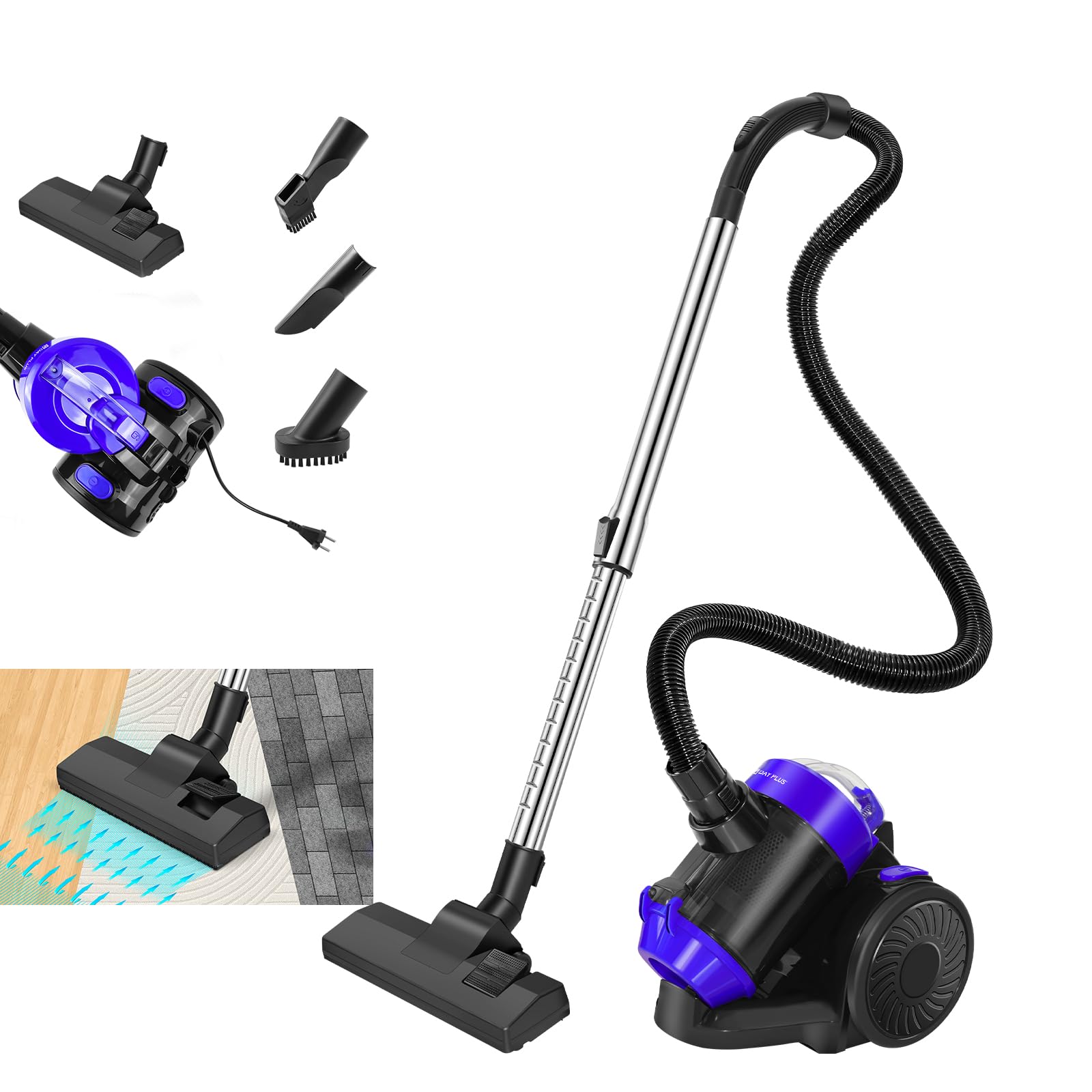 Aspirador sin bolsa – Compacto, motor de 1000 W para una fuerte succión, limpieza multisuperficie, depósito de polvo de 1,5 L, cable automático y accesorios para suelos, alfombras