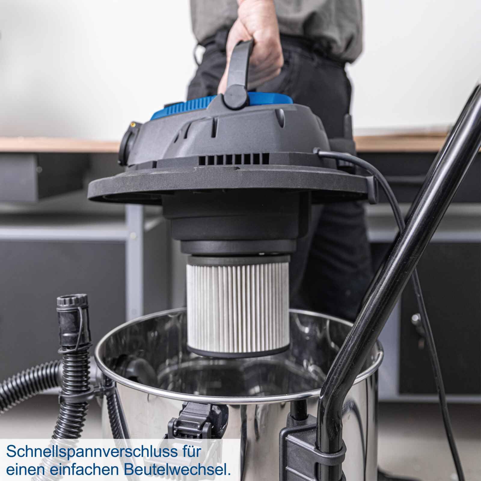 Scheppach Aspirador en seco y húmedo VC50 | 50L recipiente de acero inoxidable y accesorios | 1400 W de potencia | potencia de succión 20 kPa | Tubo telescópico, enchufe para herramientas y cierre