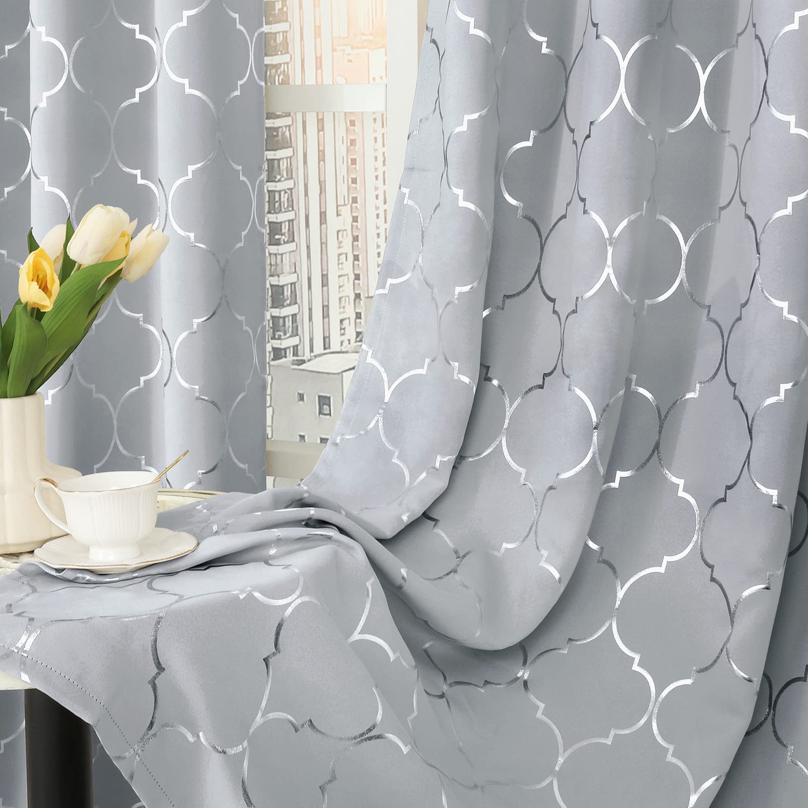 BGment Moroccan Patterned Room Darkening Curtains 72 Inch Length 2 Panels for Bedroom, Silver Geometric Print Curtains for Window Privacy, Thermal Insulated, Grommet, Each 52 x 72 Inch, Light Grey