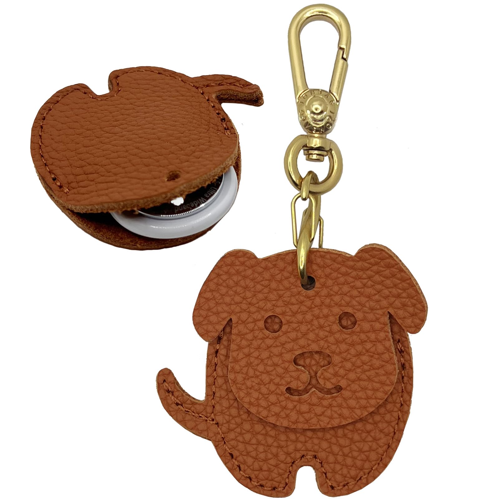 Dog Shaped Genuine Leather Keychain Holder Case Compatible with AirTag,Secure Cute Protective Air Tag Cover