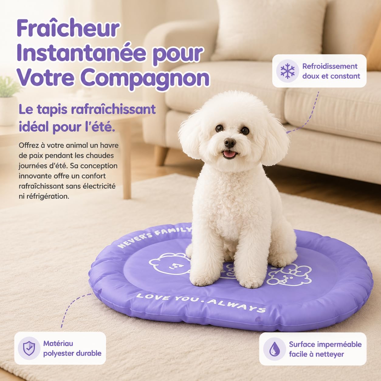 Tapis Rafraîchissant Chien 66x44 cm, Tapis pour Chien Imperméable Lavable, Tapis Fraîcheur Chien Résistant Morsures pour l'Été, Coffee