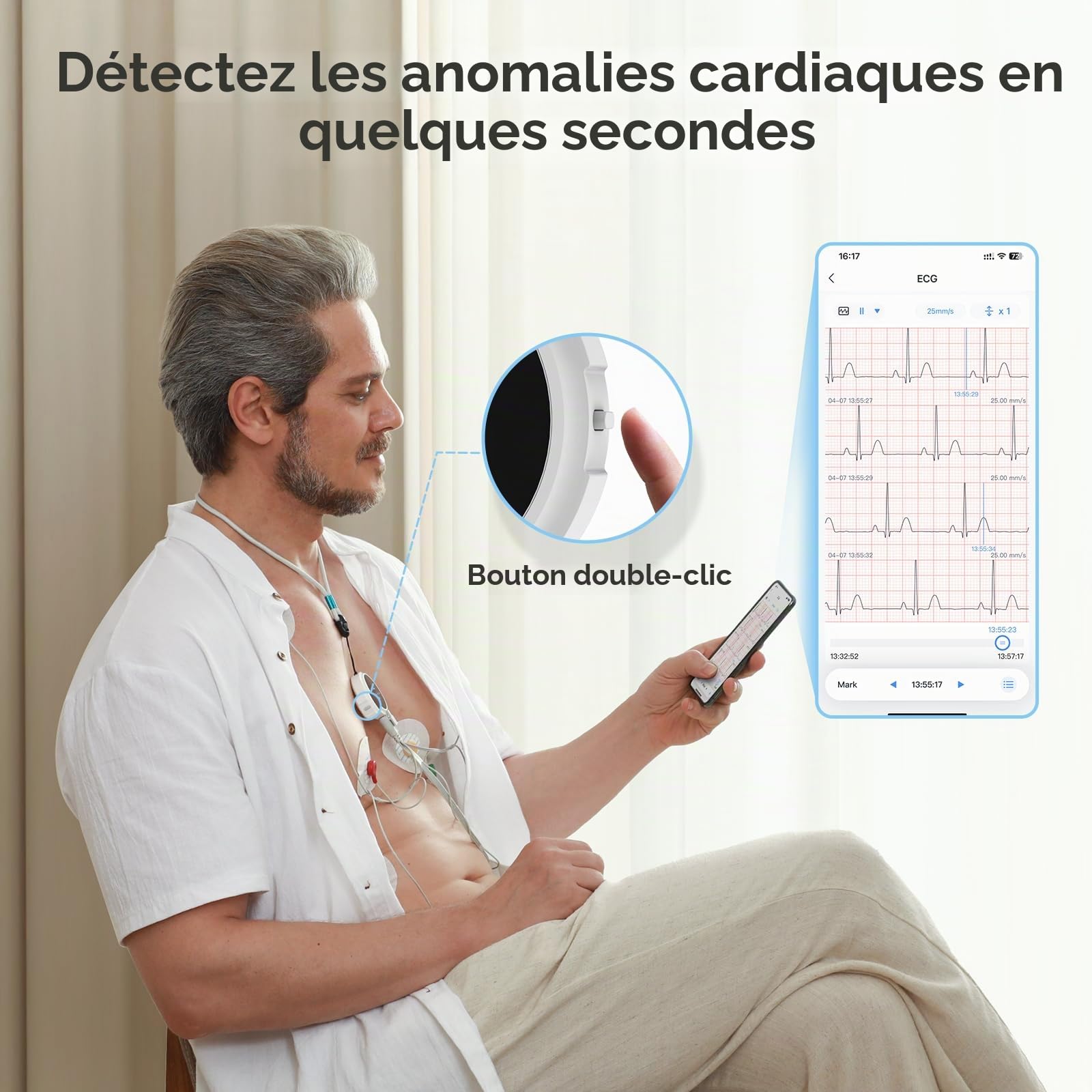 CheckMe LepodPro ECG portable à 12 dérivations avec écran OLED, enregistrement ECG en temps réel pendant 24 heures, marqueurs d'événements, rapport ECG détaillé par IA, rechargeable, support pour