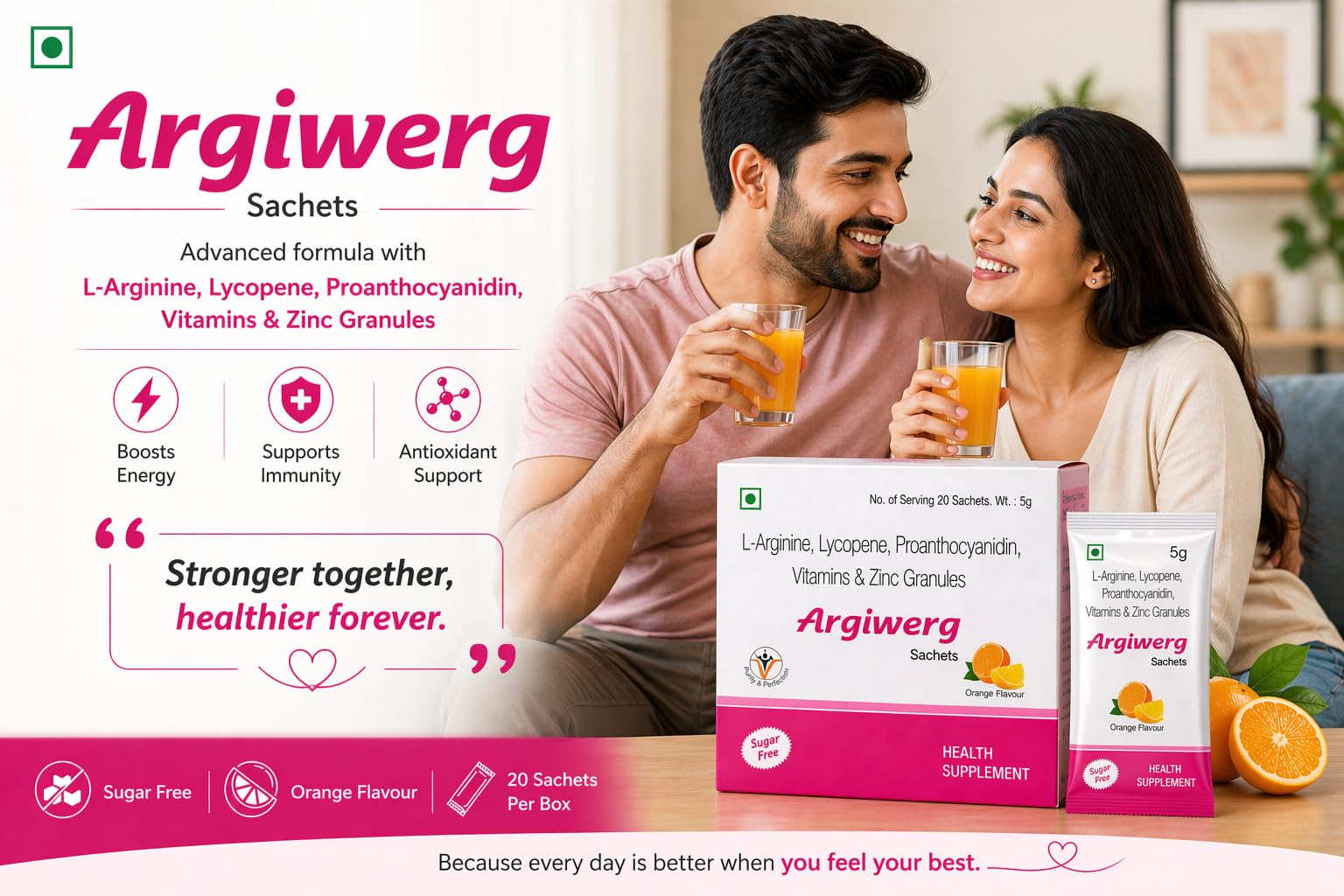 Argiwerg L-Arginine, Lycopene, Proanthocyanidin, Vitamins & Zinc Granules Sachets | Nutritional Supplement for Energy, Stamina & Wellness Support | Orange Flavour | 20 Sachets 1
