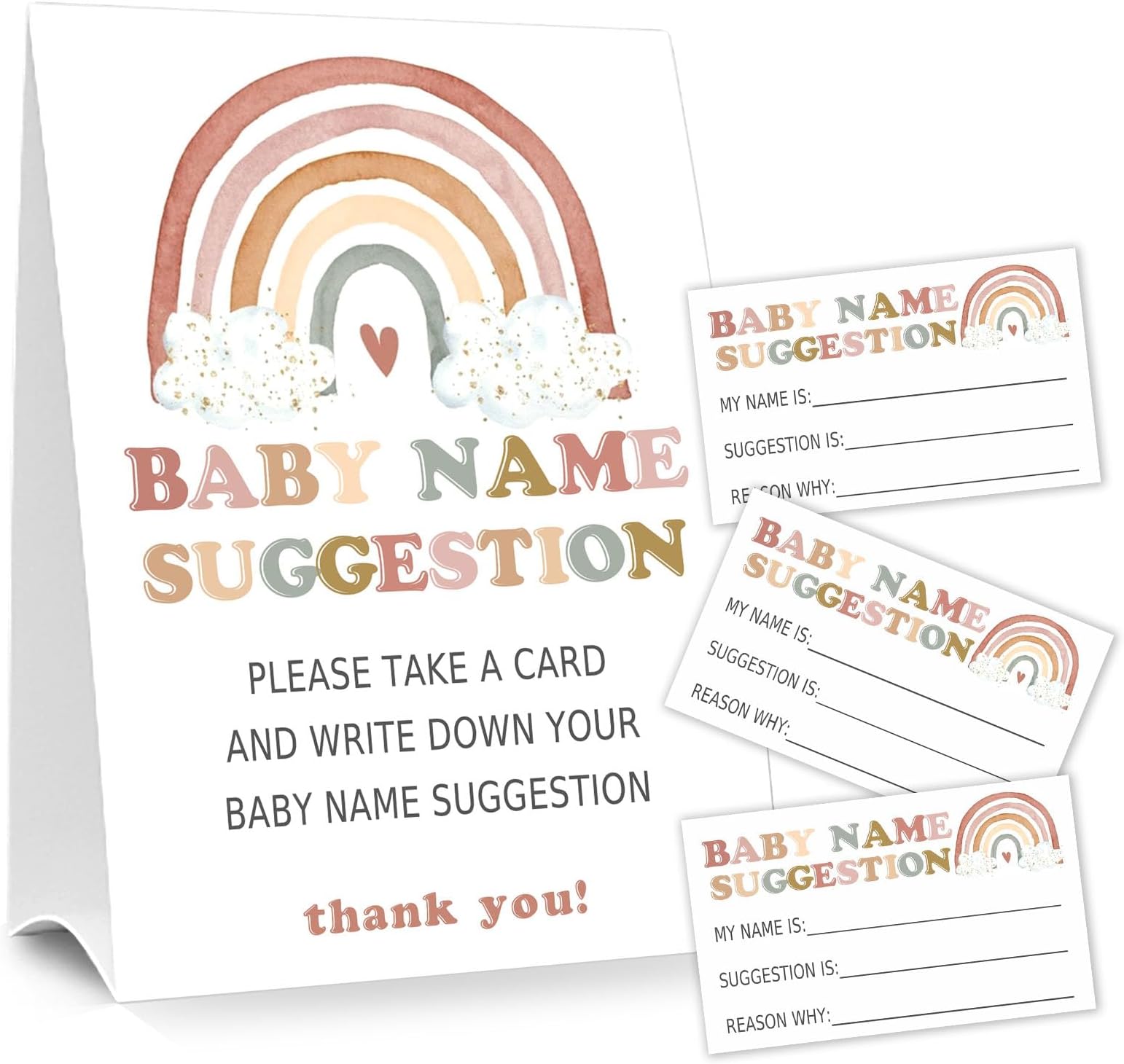Moonle Baby Shower Games Baby Name Suggestion Sign, 5x7 Inch Kraft Standing Sign and 50 Name Suggestion Cards, Boho Rainbow