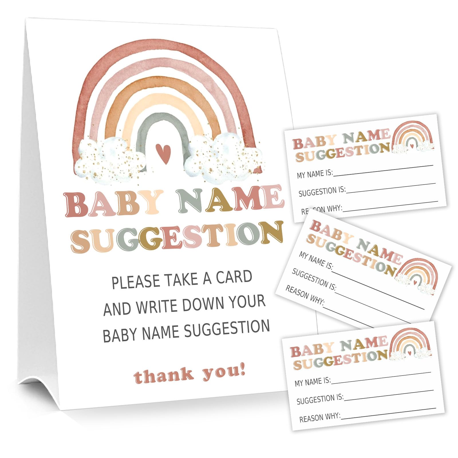 Moonle Baby Shower Games Baby Name Suggestion Sign, 5x7 Inch Kraft Standing Sign and 50 Name Suggestion Cards, Boho Rainbow